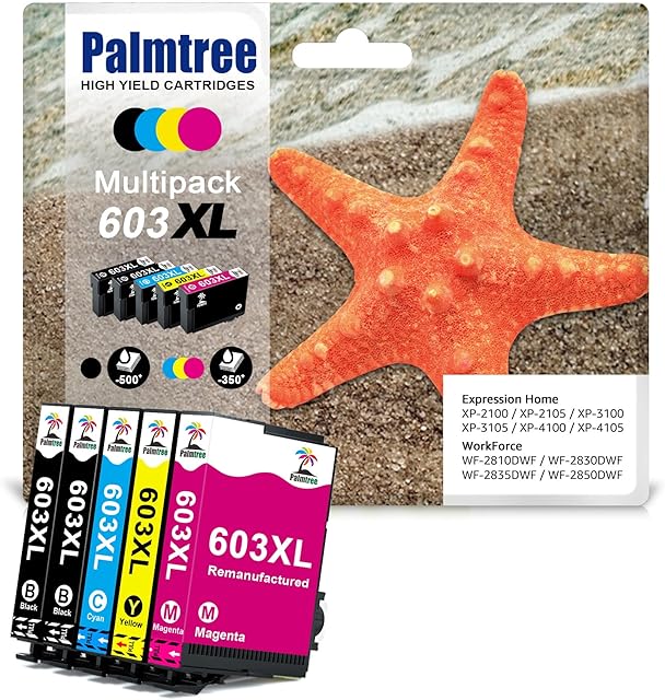 Palmtree 603XL Ink Cartridges Remanufactured Replacement for Epson 603 Ink Cartridges Multipack for Epson WF-2830 Ink XP-3100 XP-2100 XP-4100 XP-2105 XP-3105 XP-4105 XP-2150 XP-4150 WF-2835(5 Packs)