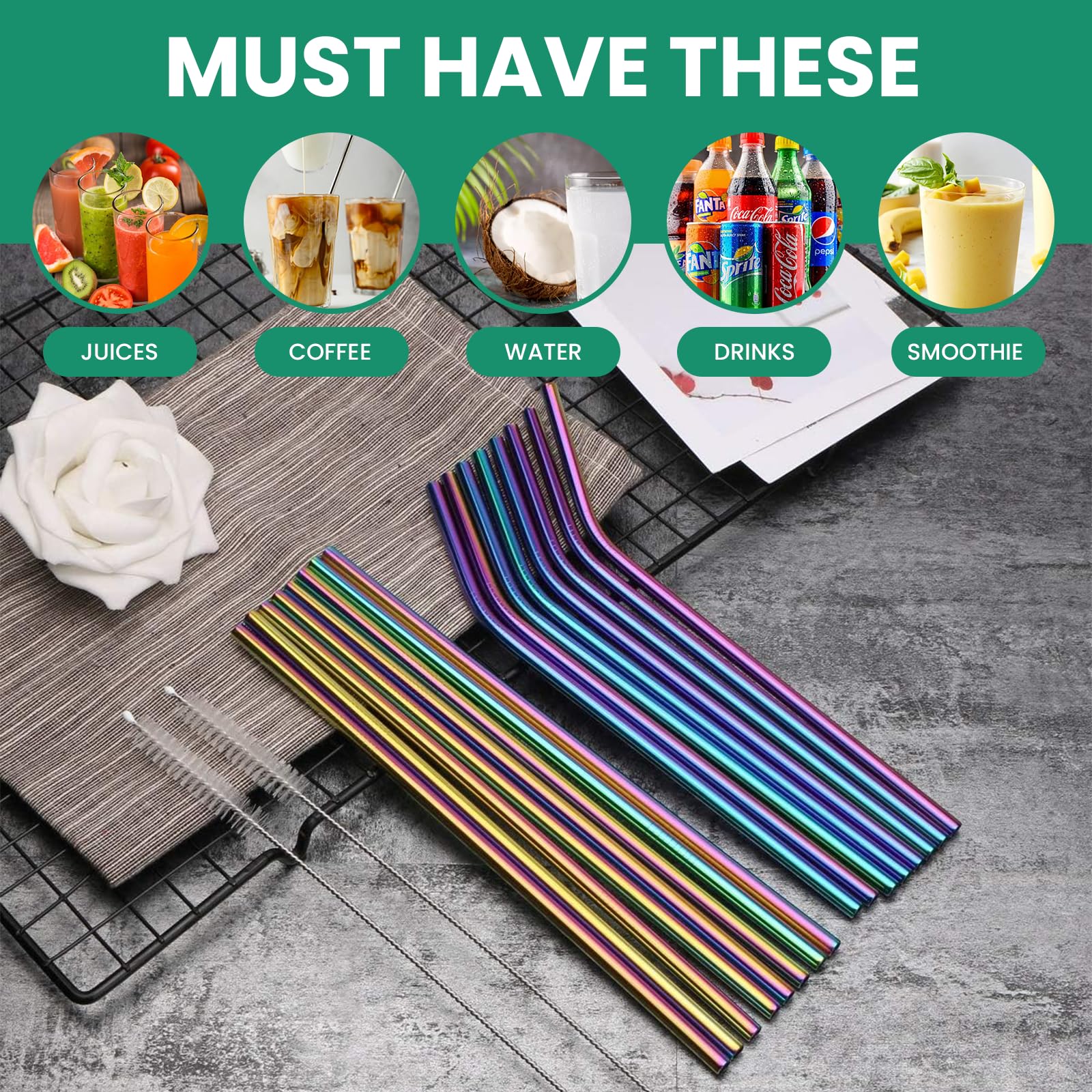 Lavishly Reusable Stainless Steel Metal Straws Set - 4 Straight & 4 Bent Straws + 2 Cleaning Brushes, Rainbow, 8 Pcs Set - Image 4