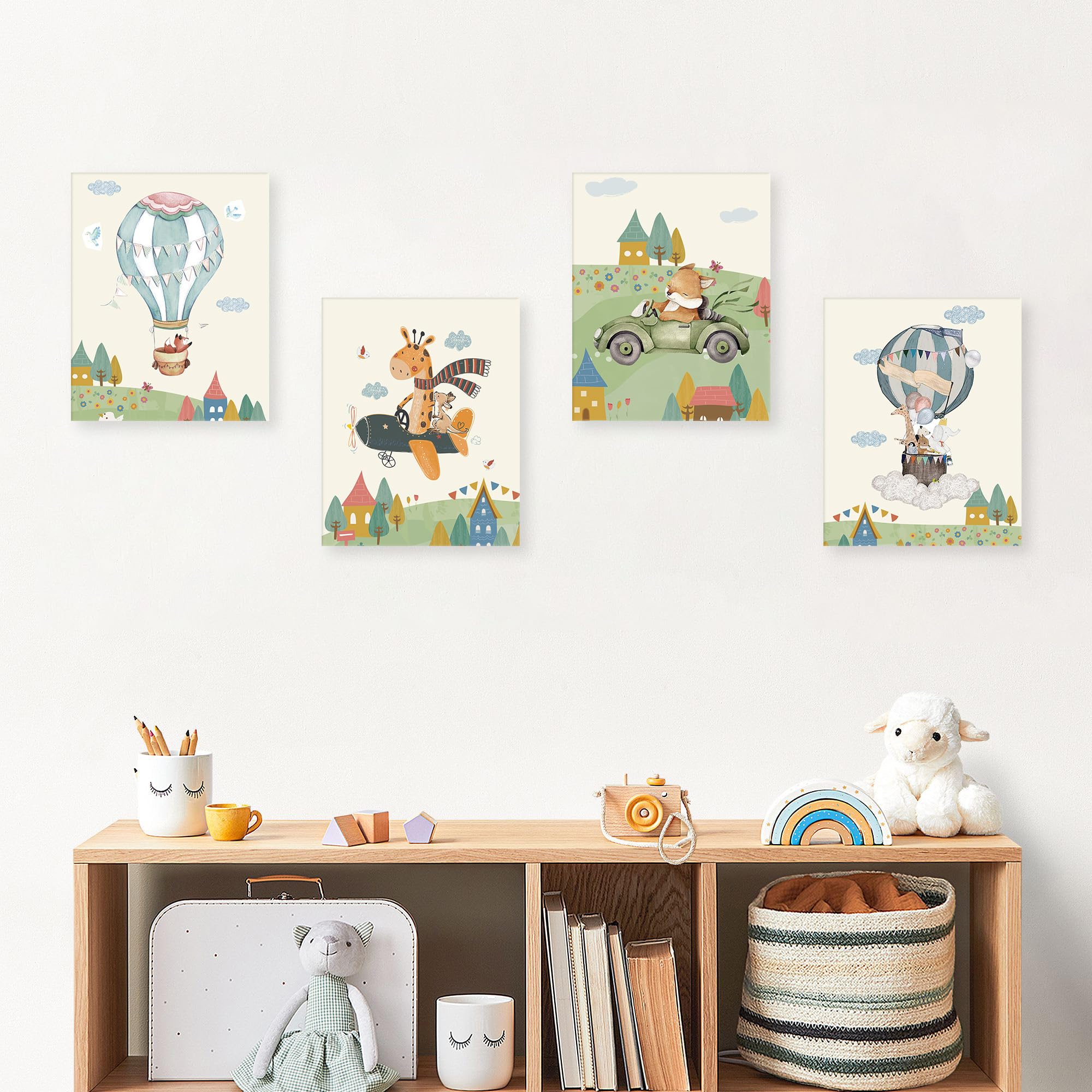 KAIRNE Lot de 4 posters d'animaux avec cadre (20 x 25 cm), motifs d'avion, montgolfière, tableaux muraux pour chambre de bébé, garçon et fille, jungle, safari, tableaux muraux