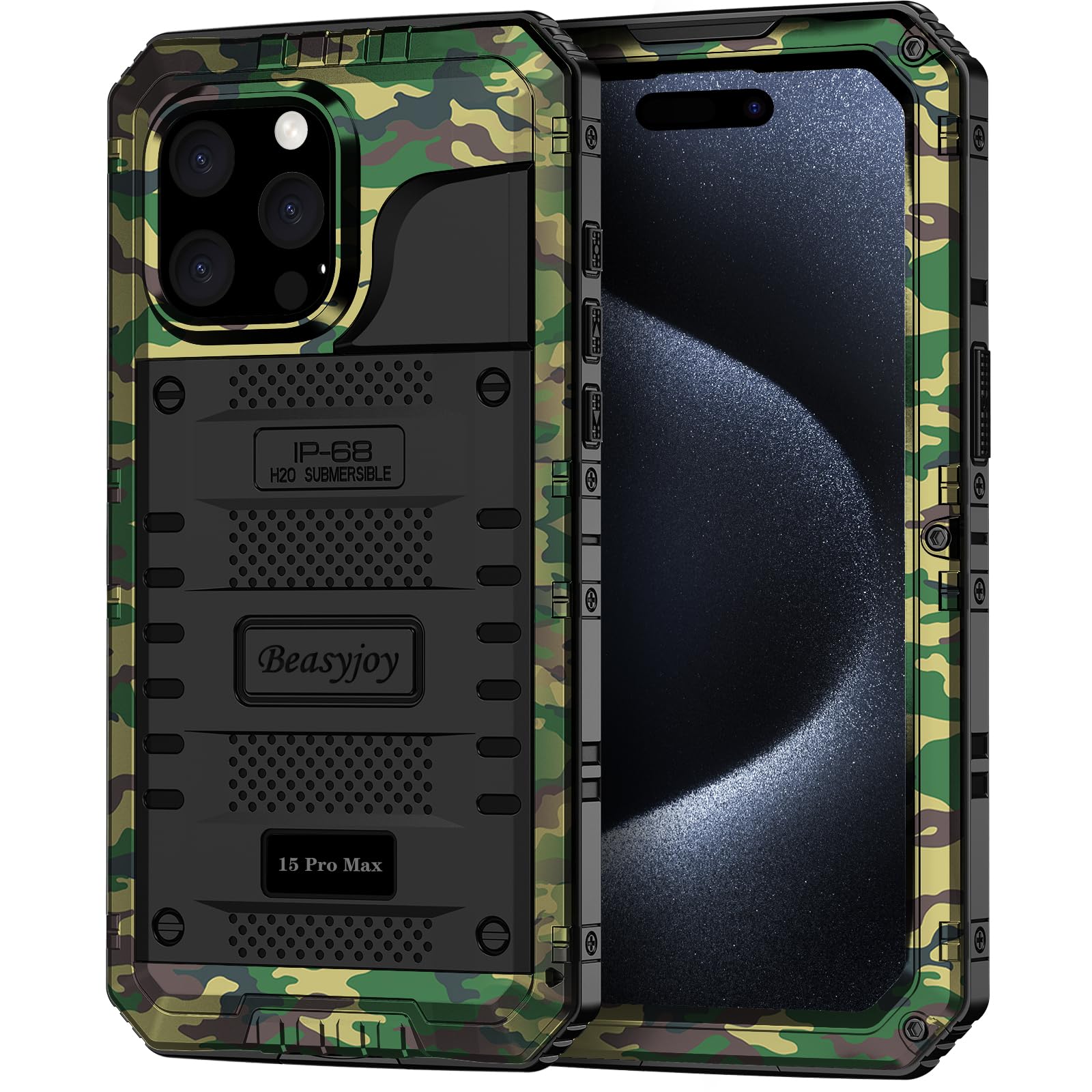 Beasyjoy Compatible with iPhone 15 Pro Max Case Waterproof, Metal Heavy Duty Full Body Protective Case with Built-in Screen Protector, Military Grade