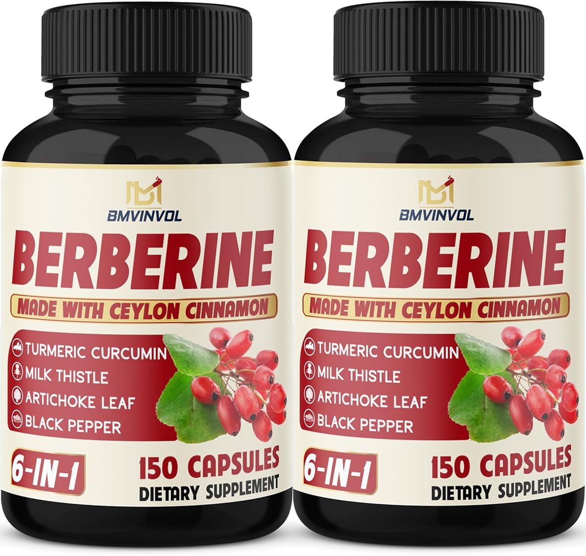 2 Pack Berberine HCl- Plus Ceylon Cinnamon, Turmeric, Milk Thistle, Artichoke, Black Pepper, Berberine HCI Root Supplements Pills - Immune System