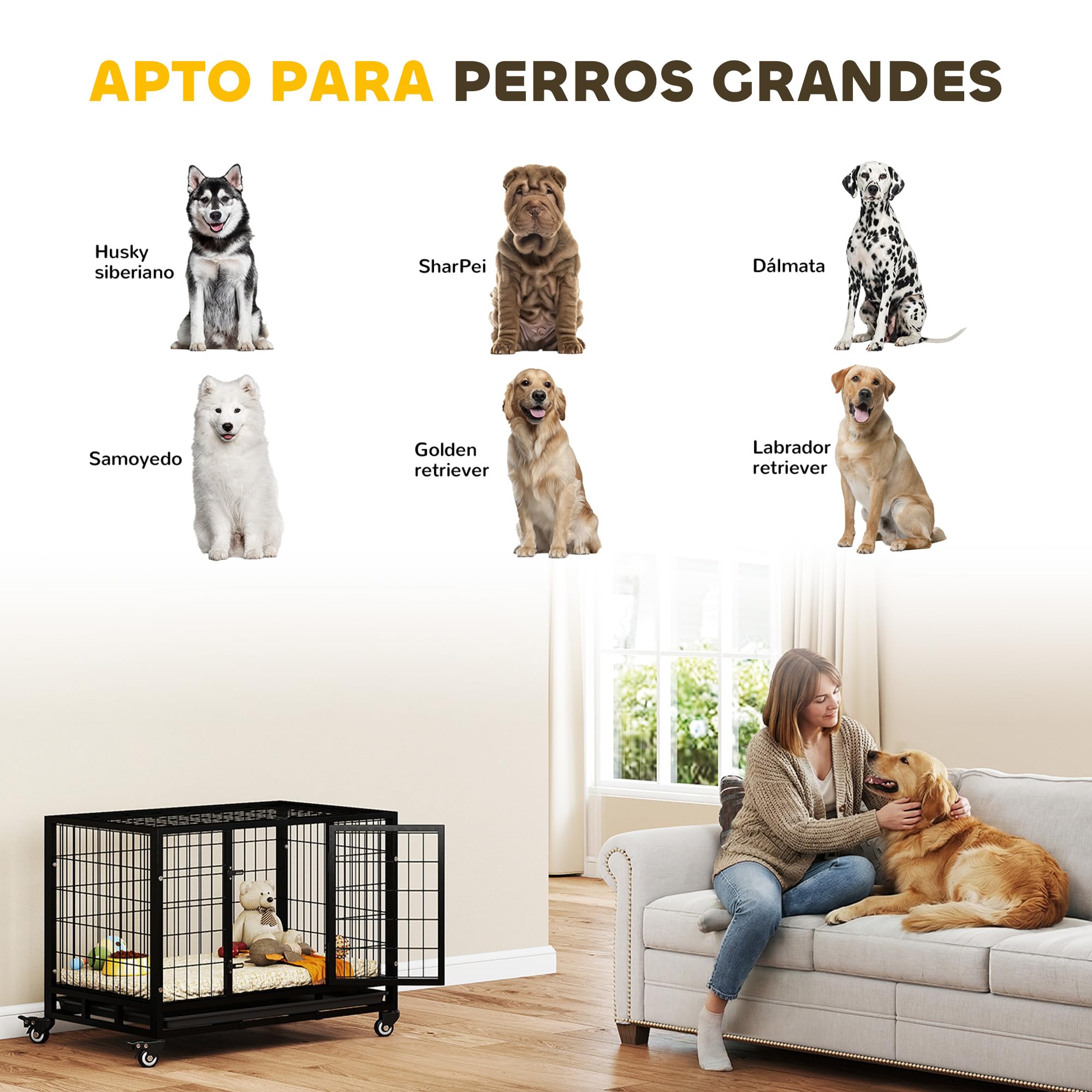 PawHut Jaula de Metal para Perros con Ruedas y Frenos Bandeja Extraíble y Puerta con Pestillo para Golden Retriver Labrador 92x62x75 cm Negro