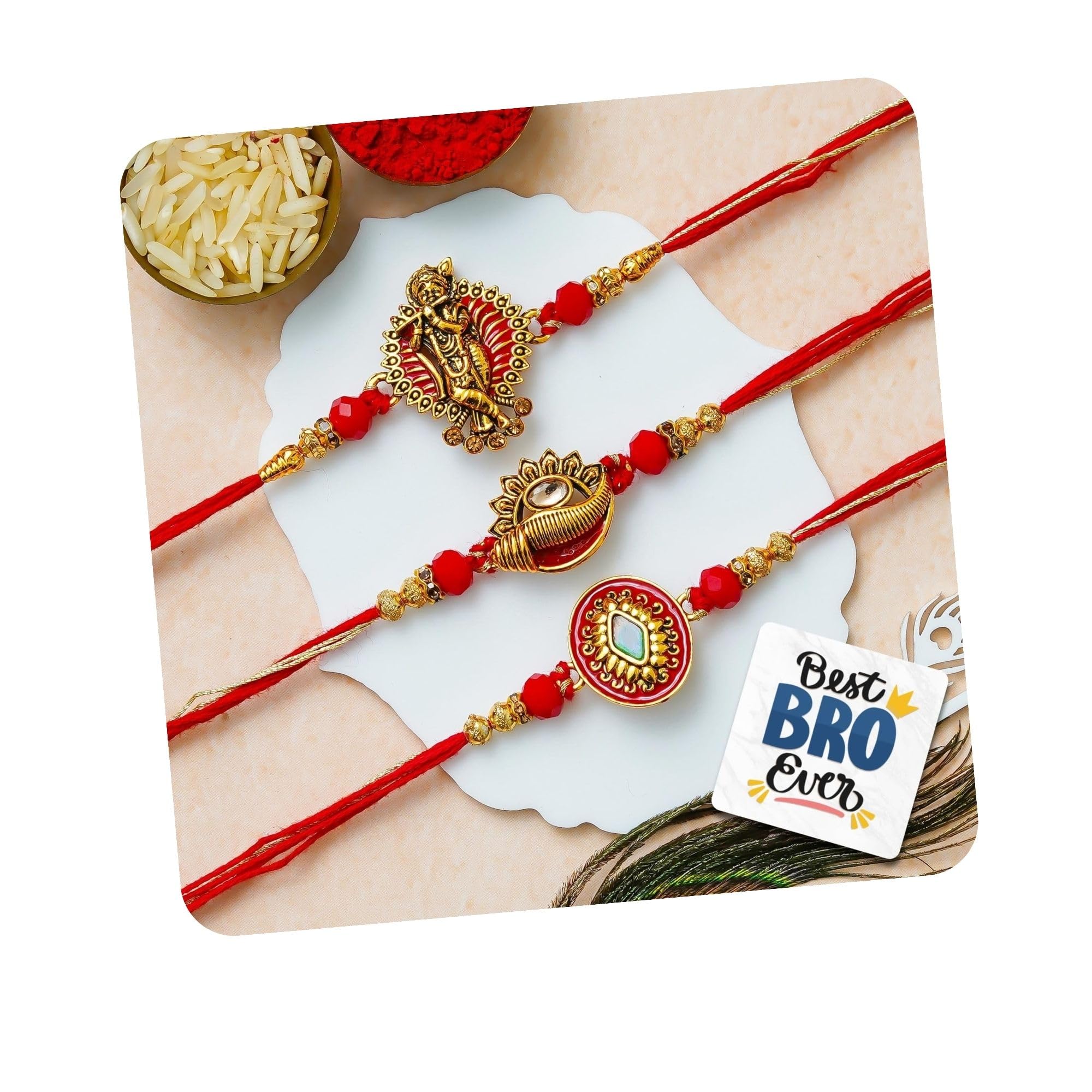 eCraftIndia Set of 3 Golden & Red Floral Shankh Krishna Designer Rakhis | Best Bro Ever Fridge Magnet | Roli Chawal Pack | Rakhi for Brother Bhaiya Bhai Bhabhi Kids