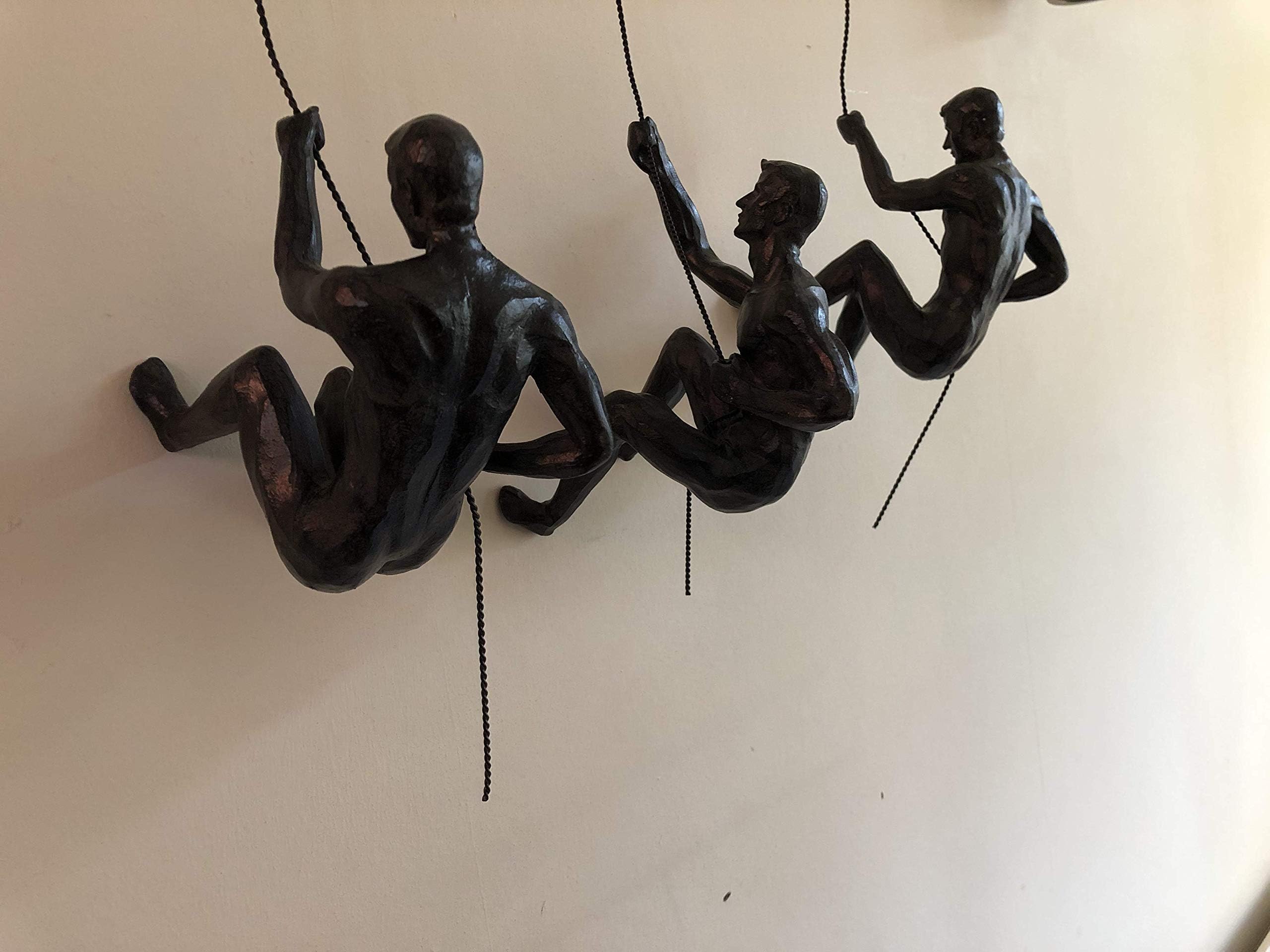 5x Large Bronze Climbing Abseiling Hanging Ornaments Figures Set of 5 Climbing Men Wallhanging Figurines Abseiling Ornament Sculpture Wall Art Resin and Metal Bungee Jumping Man Hanging on Wire B5C