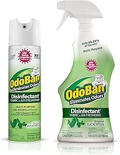OdoBan Ready-to-Use Disinfectant and Odor Eliminator, Cleaner and Fabric/Air Freshener, Set of 2, 14.6 Ounce 360-Degree Continuous Spray and 32 Ounce Trigger Spray, Original Eucalyptus Scent