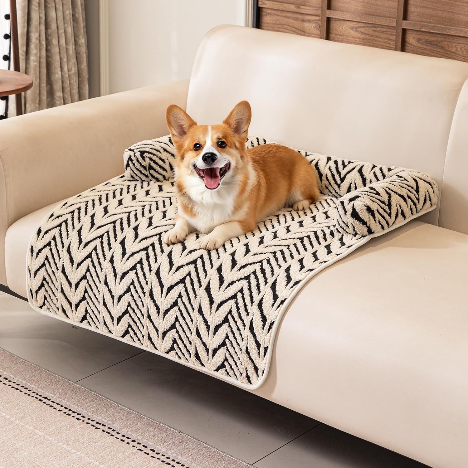 Calming Dog Bed Mats with Neck & Head Support, Soft Flannel Pet Couch Bed for Small and Medium Dogs & Cats, Pet Washable Couch Covers for Sofa