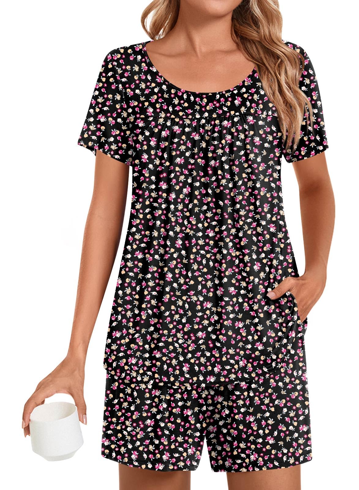 POPYOUNG Womens Pajama Sets Summer Short Sleeves 2 Piece Lounge Sleepwear Ladies Pjs Sets with Pockets