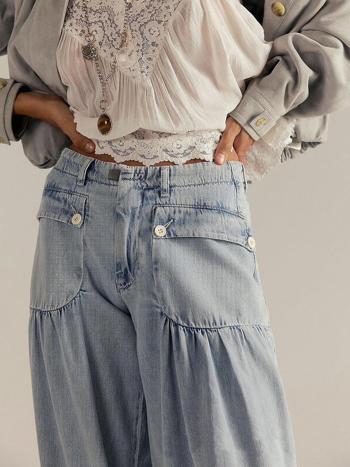 Women's Baggy Wide Leg Jeans Mid Rise Drawstring Ruffle Pleated Barrel Denim Pants