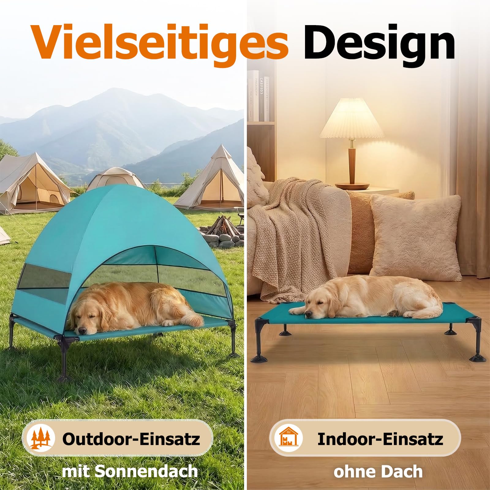 Cama elevada para perros para exteriores con techo resistente a los rayos UV, tumbona plegable con pies antideslizantes, tienda de campaña para perros al aire libre con gran sombra, cama elevada para