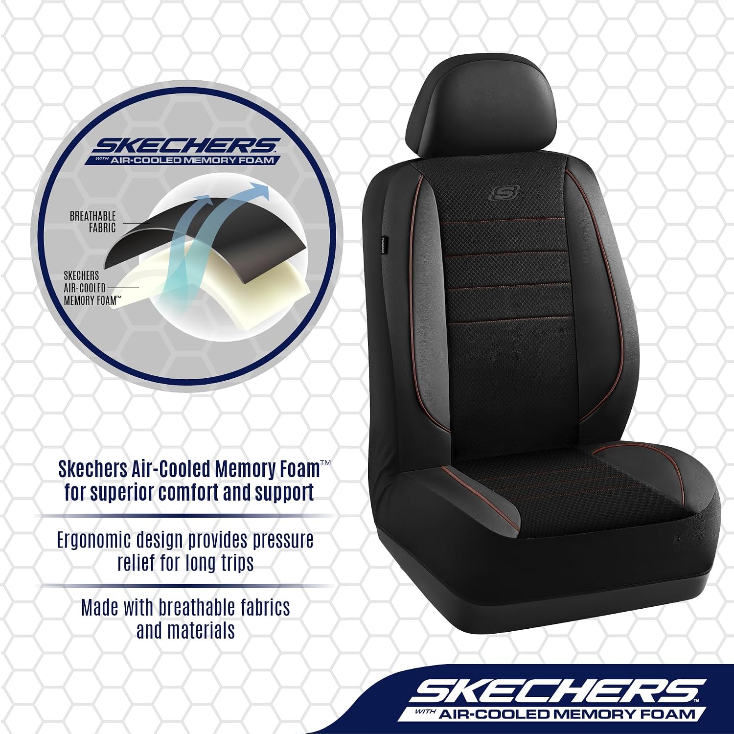 Skechers Air-Cooled Memory Foam Seat Covers,Mesh Thick Car Seat Covers,Piping Leather Car Seat Covers Front Seats,Airbag Compatible,Automotive Comfort Universal FitMost Cars,Vans,Truck,SUV,Brown