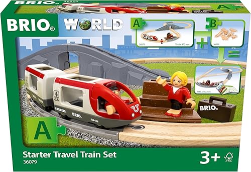 BRIO World - 36079 Starter Travel Train Set  Juego de tren de juguete de madera de 22 piezas para niños a partir de 3 años