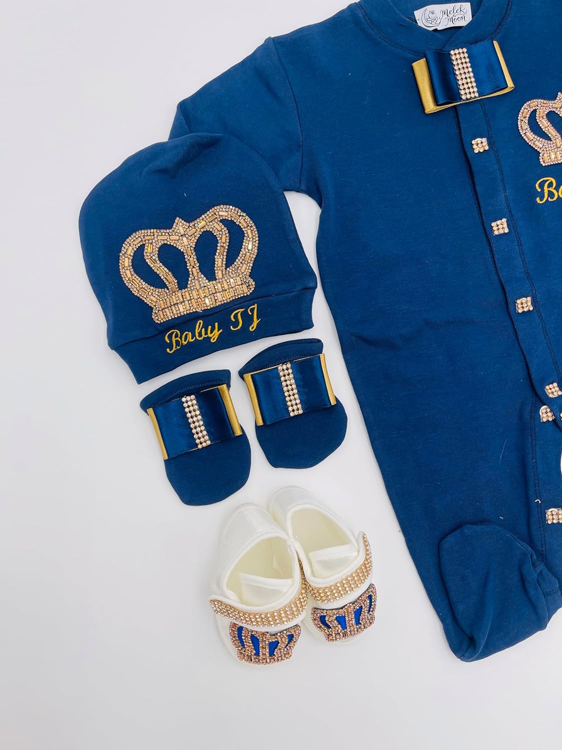 MELEK & MOON Personalized Luxury Infant Newborn Baby Boy Outfit – 4-Piece Cotton Set – Pure Love Prince Majestic Set