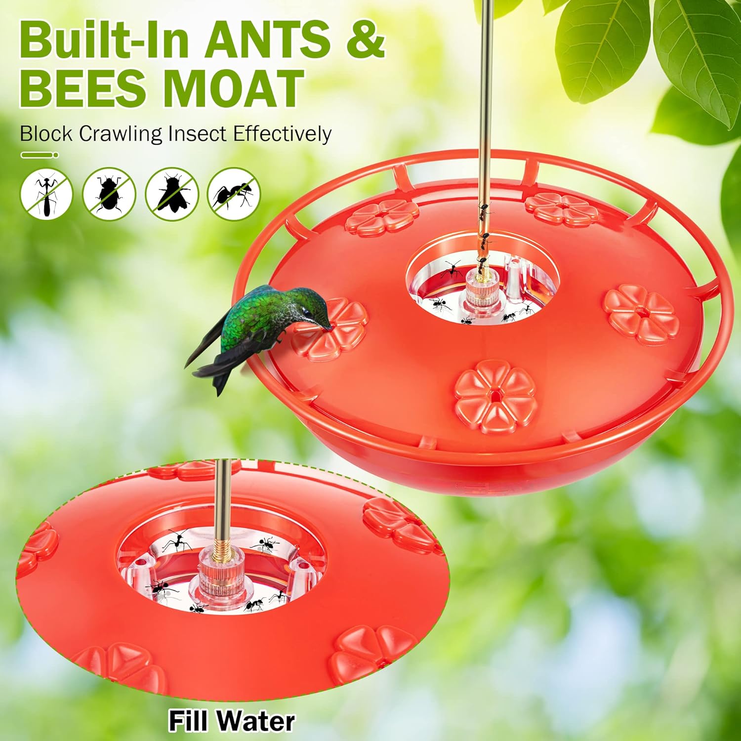 15.5 OZ Hanging Hummingbird Feeders for Outdoors with Rain Guard, Leak Proof Saucer Humming Bird Feeders with Ant Moat, 5 Flower Feeding Ports and Cleaning Brush for Garden Yard Patio (1 Pack) - Image 2