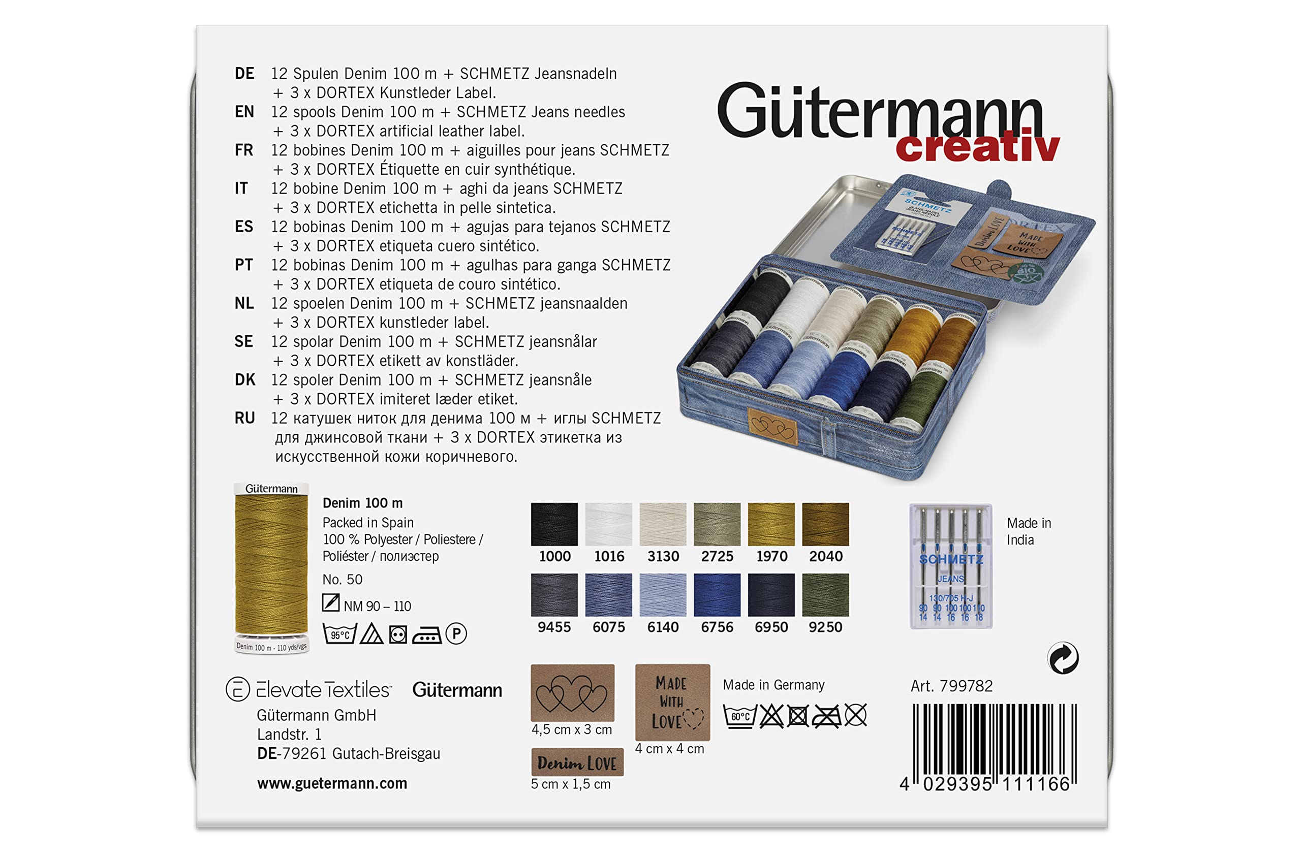 Gutermann creativ Denim Box con 12 bobinas de hilo para vaqueros profesional Denim 100 m, 5 agujas para máquinas de coser vaqueros de Schmetz y 3 etiquetas de cuero sintético, multicolour, 799782