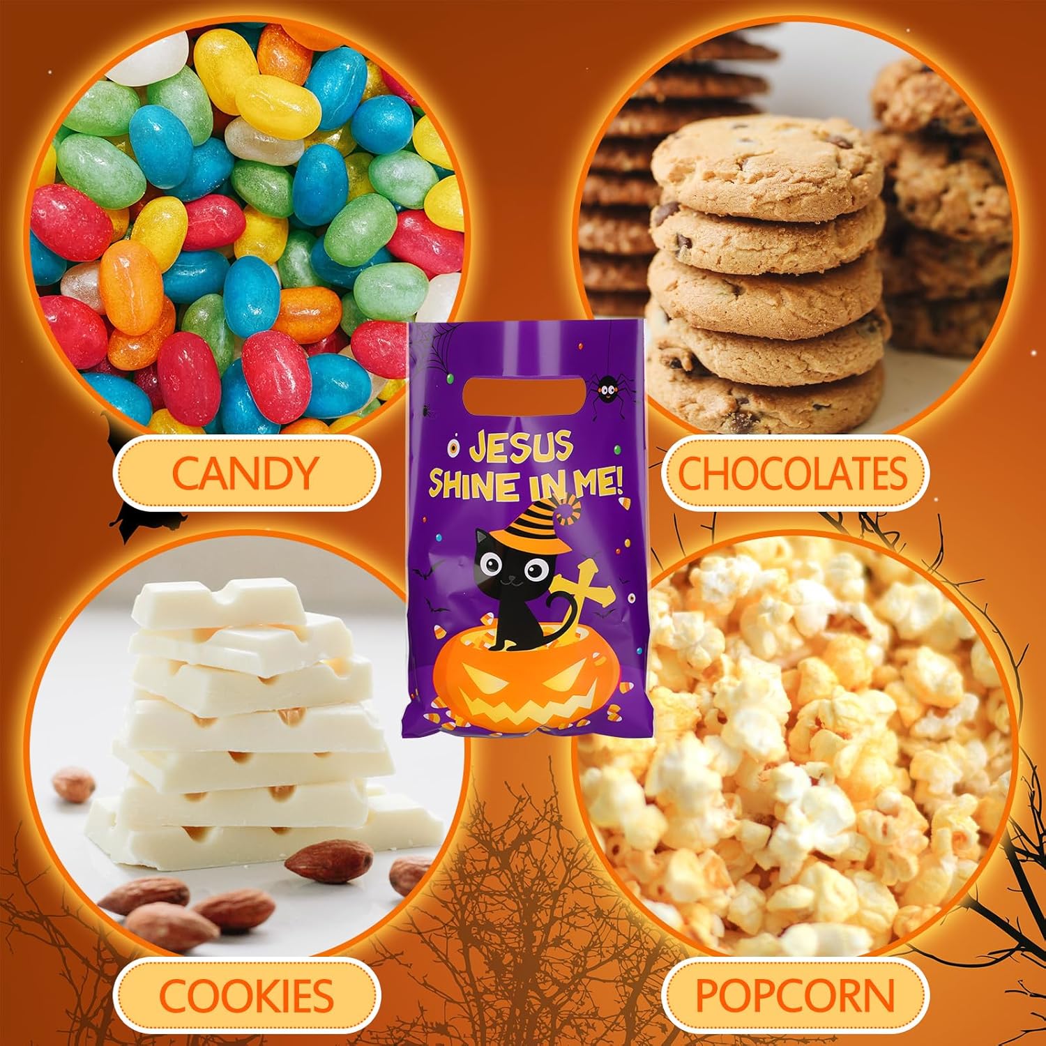 Qilery 150 Pcs Halloween Plastic Bags Religious Candy Gift Christian Bags Pumpkin Treat Church Halloween Party Favor Supplies - Image 5