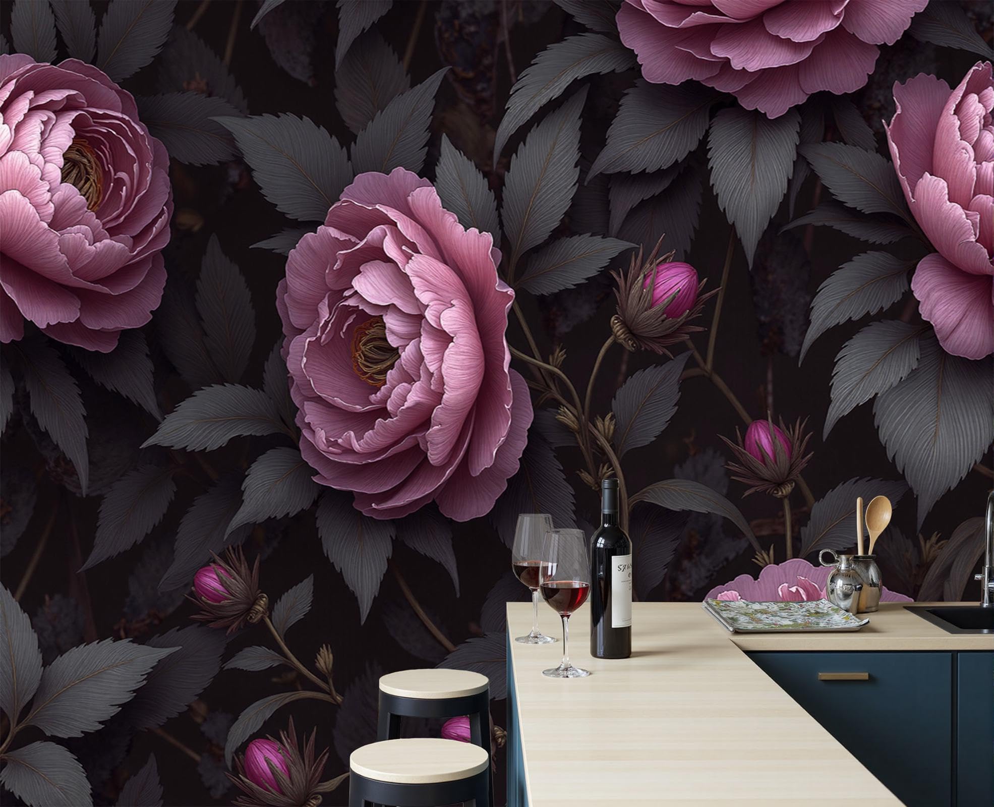 Fototapete Retro Blumenmuster 350 x 256cm Tapete Seidentapete Wandtapete moderne Wand Wandbild Schlafzimmer Wohnzimmer Wand Dekoration Dunkel Pfingstrosen