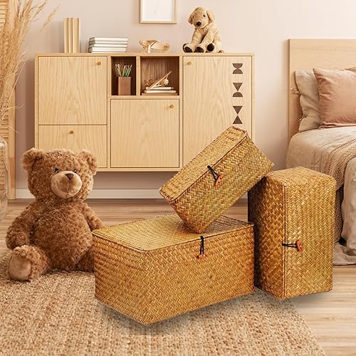 Miniatura 6 de Cesta de almacenamiento tejida con tapa, organizador de hierba marina natural, caja rectangular para estantes, cestas de mimbre de ratán para ropa,