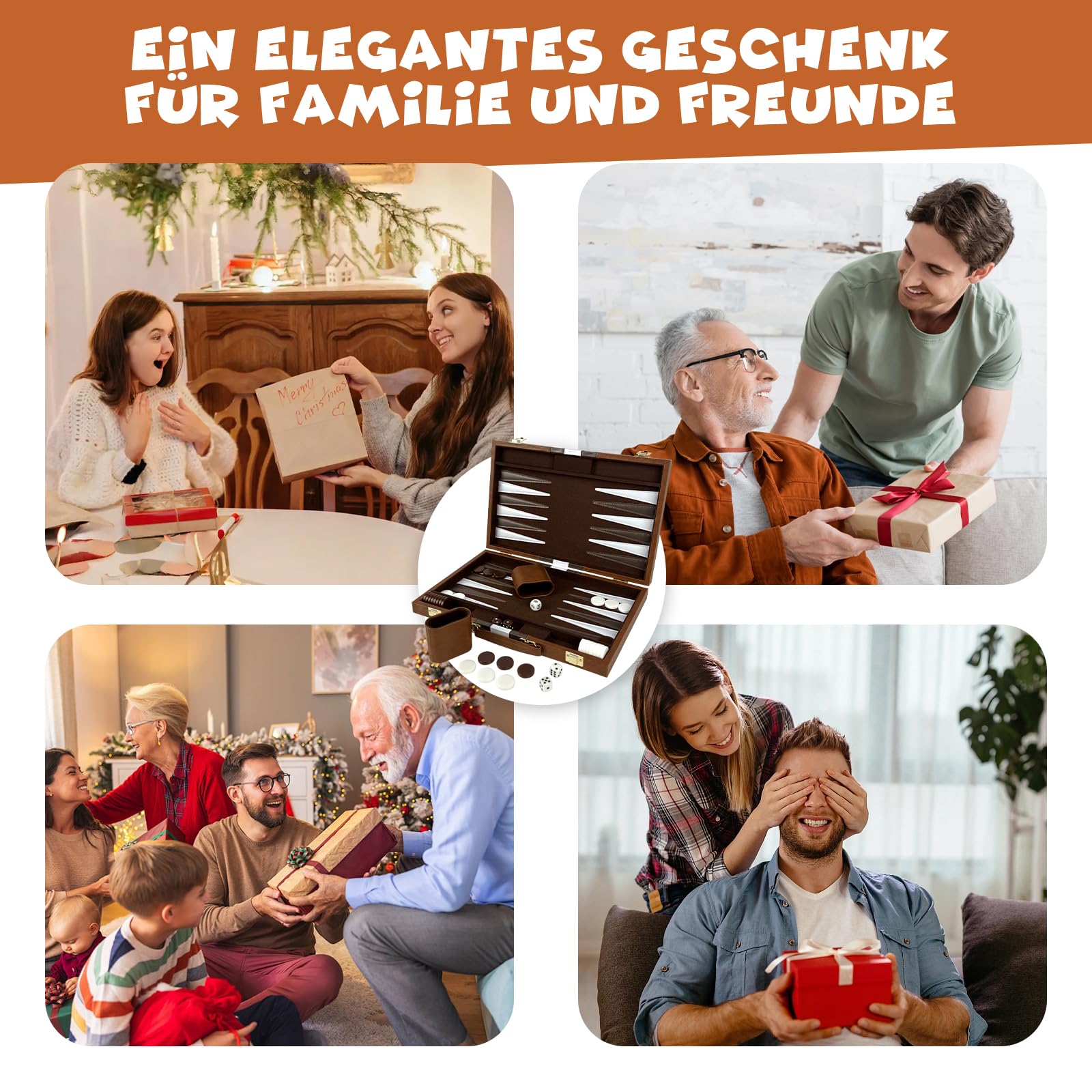 Backgammon Set, 15" Klassisches Backgammon Koffer, 2 Spieler Brettspiel Tragbares Reise Strategie Spiel Set für Erwachsene Kinder (15 Zoll, Braun)