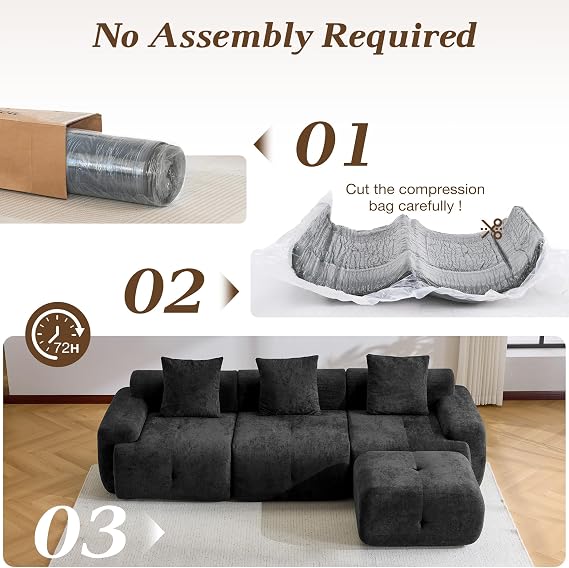 MELLCOM 264CM L Shaped Sectional Modular Boneless Sofa Couch (Black)