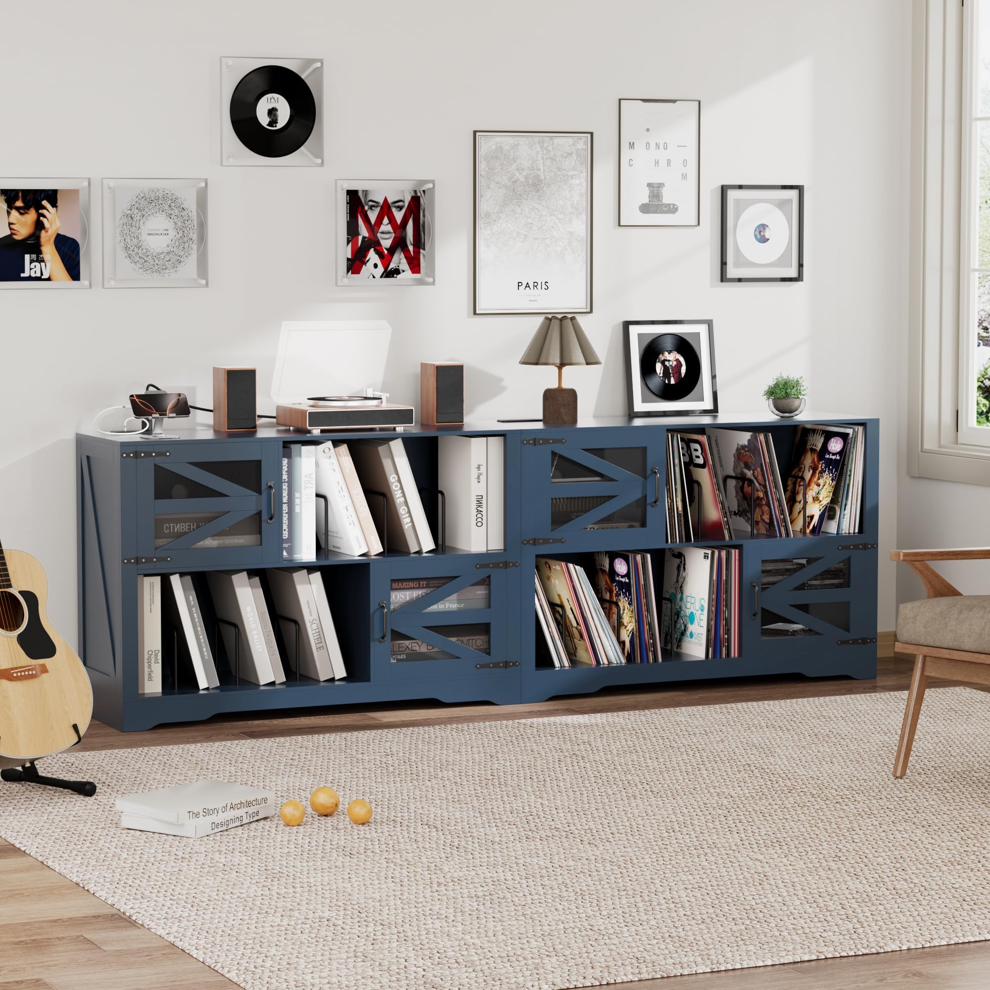 120 * 40 * 79cm MDF Vinyl Schallplattenständer ，Echtholz-Optik Ständer für bis zu 500, 2× Steckdose & 2× USB, Umfallschutz, Kompaktes Sideboard für Wohnzimmer & Plattenspieler (Blau)