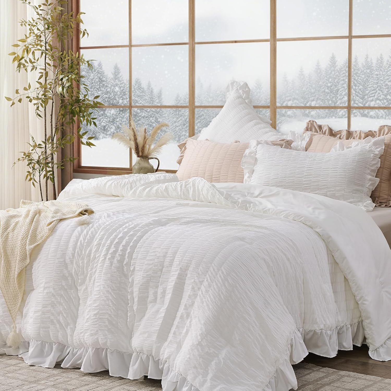 JOLLYVOGUE Queen Comforter Set, 3 Pieces White Seersucker Comforters Queen Size, Lightweight & Fluffy Bedding Sets Queen for All Season with 1 Ruffle Comforter and 2 Ruffle Pillowshams Queen White