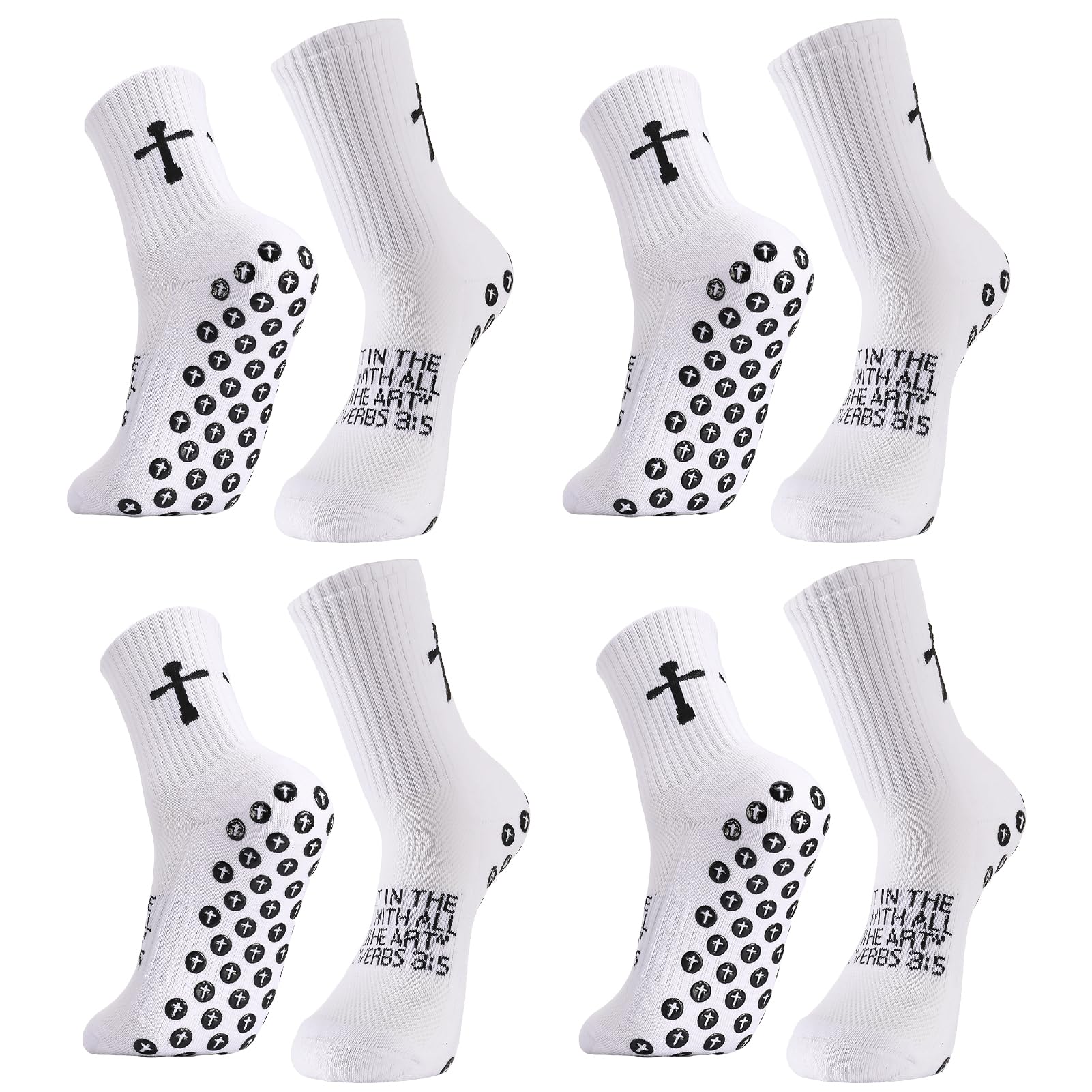 4 Pairs Cross Grip Soccer Socks Anti Slip Christian Socks with Bible Verse Jesus Sock for Football Tennis Yoga Gym, White, 6-8.5 UK