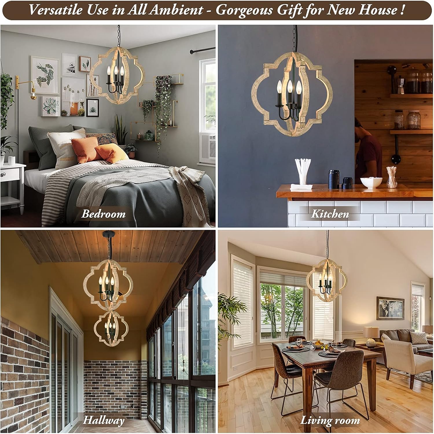 4-Light Farmhouse Chandelier Ceiling Light, Rustic Wood Hanging Light Orb Pendant Chandelier With Adjustable Hanging Chain, Vintage Chandelier For Dining Room Kitchen Foyer Hallway（Bulbs Not Included) - - 