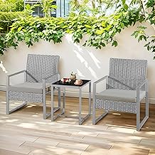 Outdoor 3-Pieces Rattan Bistro Set Wicker Garden Furniture Conversation Set, Coffee Table with Glass Top and 2 Chairs and Washable Removeable Cushions for Balcony Backyard Pool side (Grey)