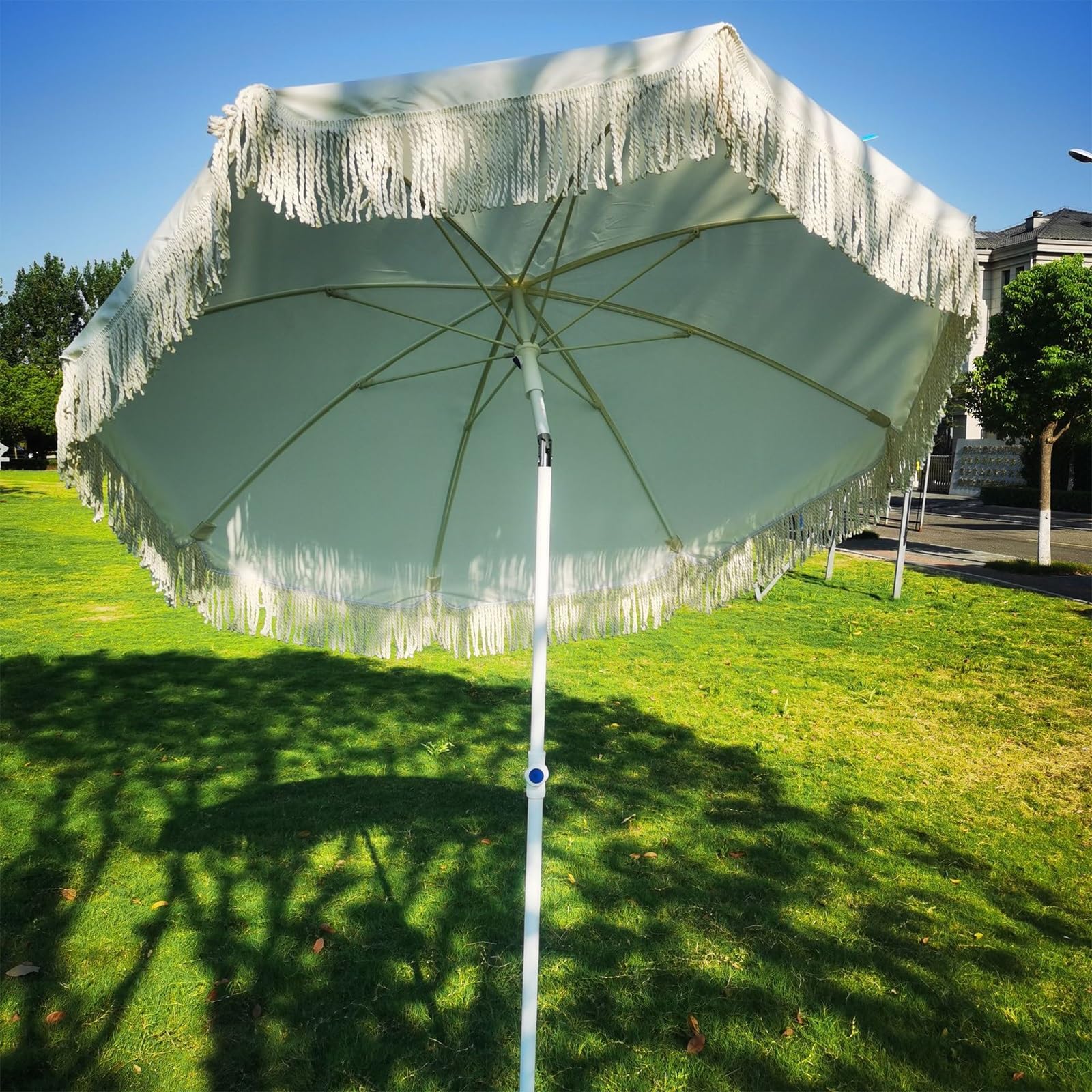 Strandschirm mit UV-Schutz, 200 cm, knöpfbar, Stahlstange, mit Quasten, Weiß