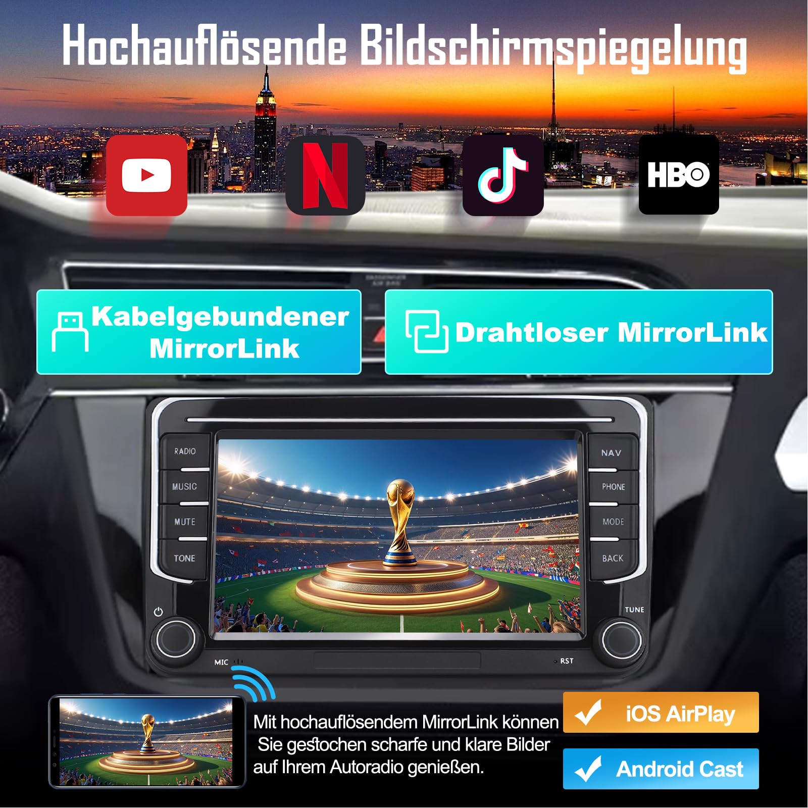 2 DIN Autoradio für VW Golf 5 6 Passat Seat Touran Skoda, Wireless CarPlay & Android Auto, GPS Navi, DAB+, Lenkradsteuerung, Physischer Lautstärkeregler, EQ, MirrorLink
