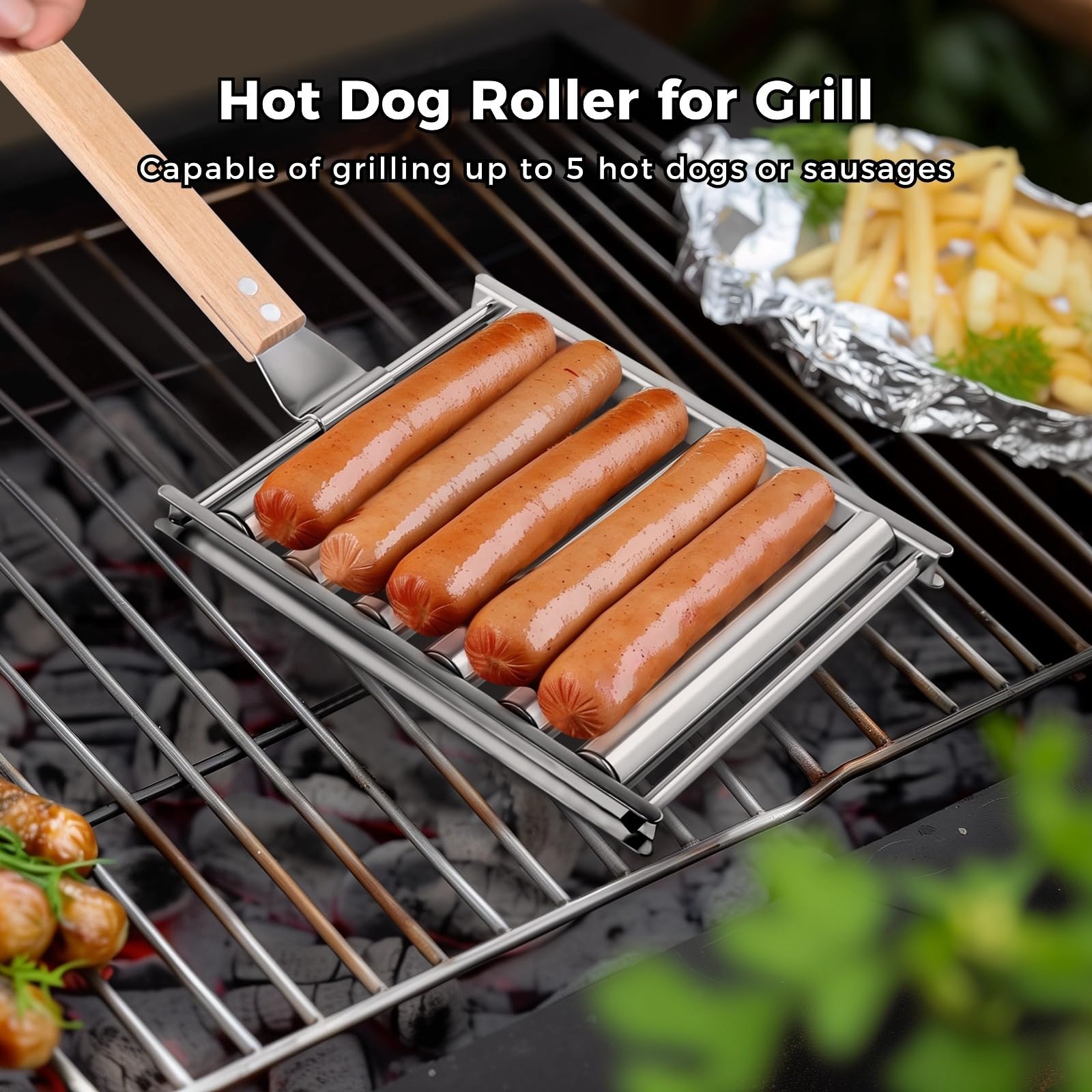 Edelstahl-Hot-Dog-Roller für Grill, Wurstwalze mit Holzgriff, Grillwerkzeug für das Kochen im Freien, 16,5 x 14,9 cm, 2 Stück