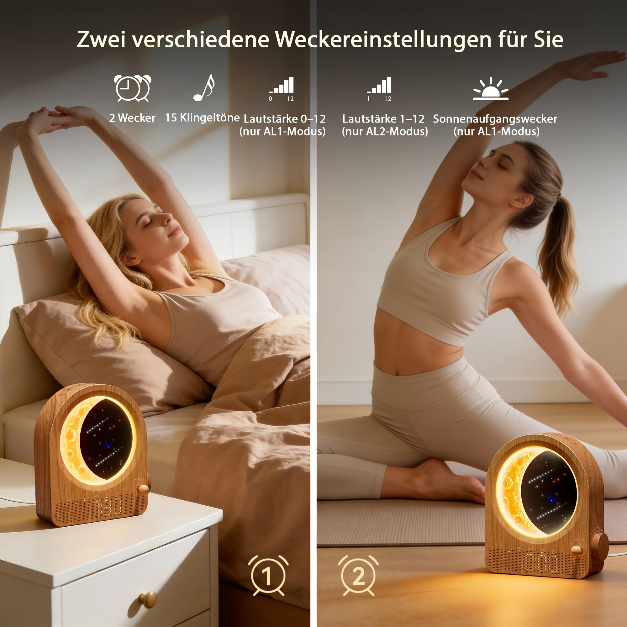 blonbar Wecker & Mondlampe, Nachttischlampe mit Lichtwecker, Tageslichtwecker, Nachtlicht mit 3 Helligkeitsstufen,10 Natürliche Klänge, Ideal für Schlafzimmer