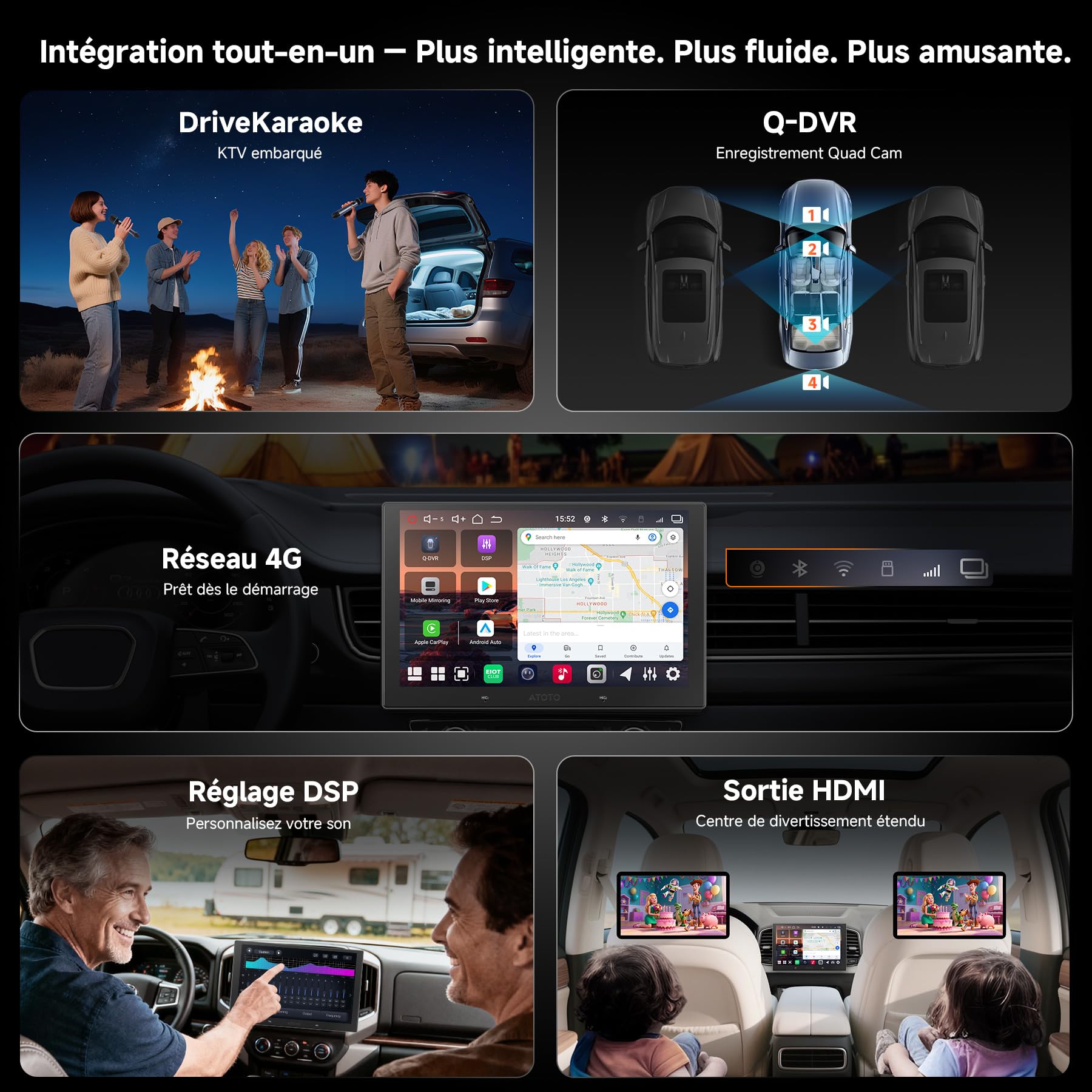 V10 10.1" Android Autoradio 2din, 6GB+128GB, 4G LTE/Wi-FI, Karaoké pour Voiture, DSP 32 Bandes |prêt 7.1.2, DVR 4 canaux, CarPlay&Android Auto sans Fil, BLuetooth5.4 Con aptX HD, Suivi GPS
