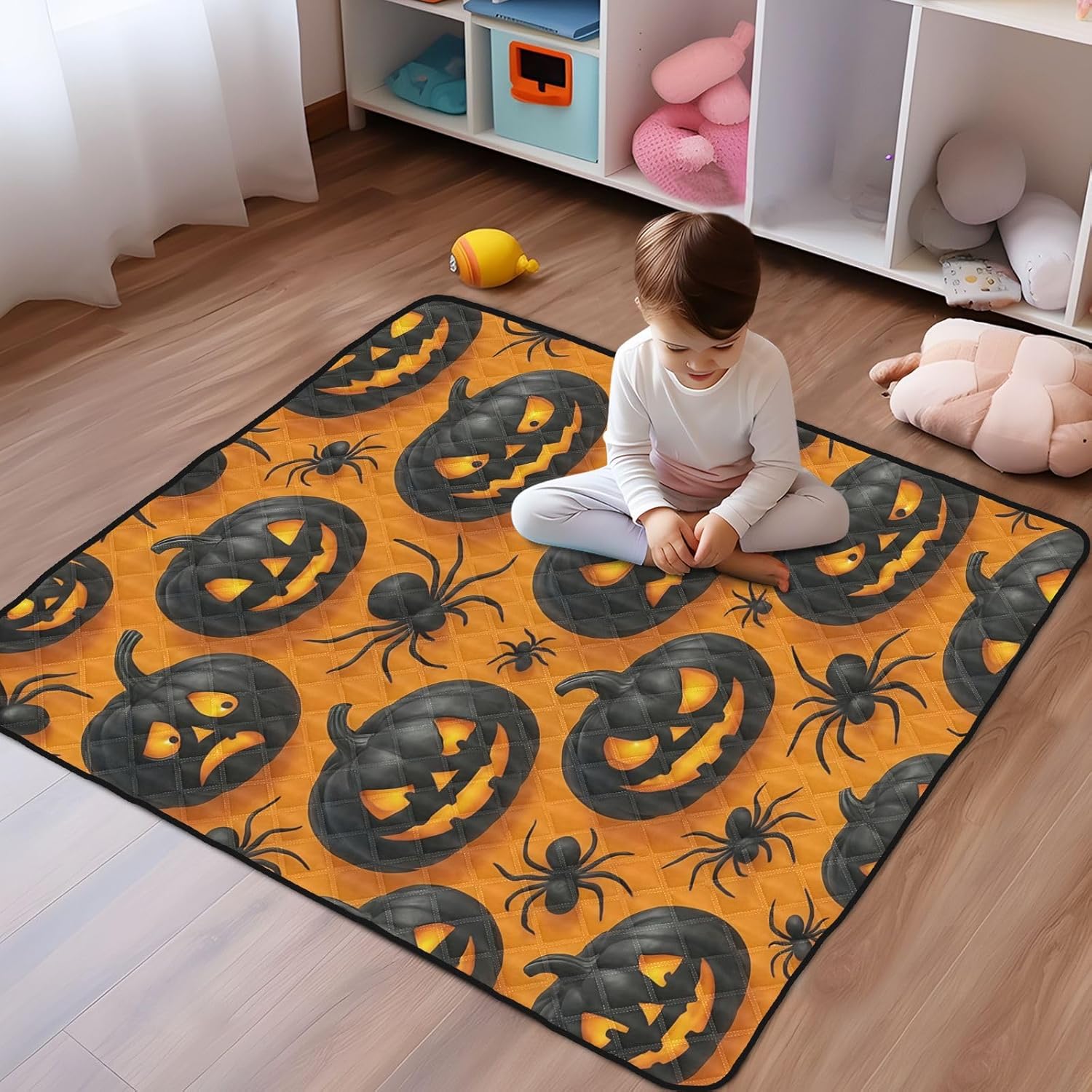 Halloween Pumpkin and Spider Baby Play Mat, 50“ X 50” Washable Folding Crawling Mat, Baby Floor Mat, Soft, Non-Slip