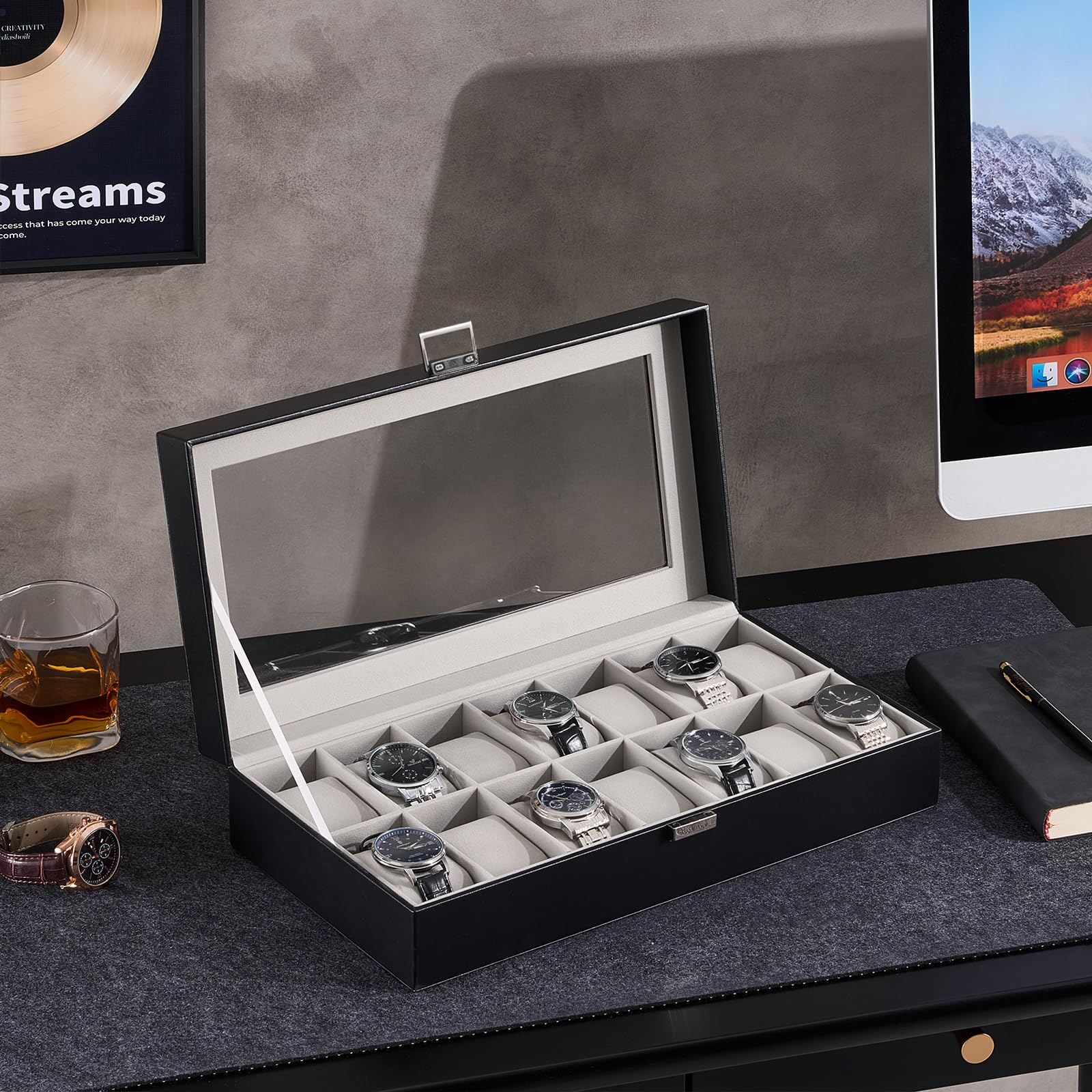 ProCase Caja Organizadora de Relojes 14 Ranuras, Estuche Joyero con Tapa de Cristal, Vitrina de Almacenamiento para Relojes, Pulseras y Joyas, Regalo Elegante para Hombres y Mujeres – Negro