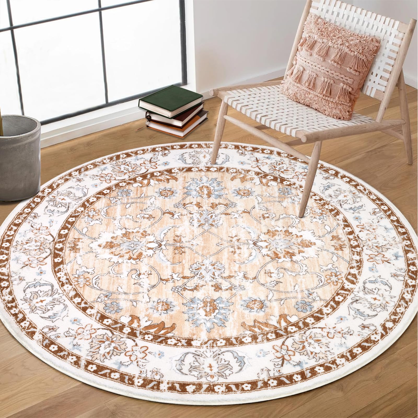 Enyhom Alfombra redonda de 120 cm para sala de estar, diseño de mandala, suave, antideslizante, grande, lavable a máquina, para interiores, dormitorio, baño, pasillo, decoración del hogar, color crema OEKO-TEX STANDARD 100