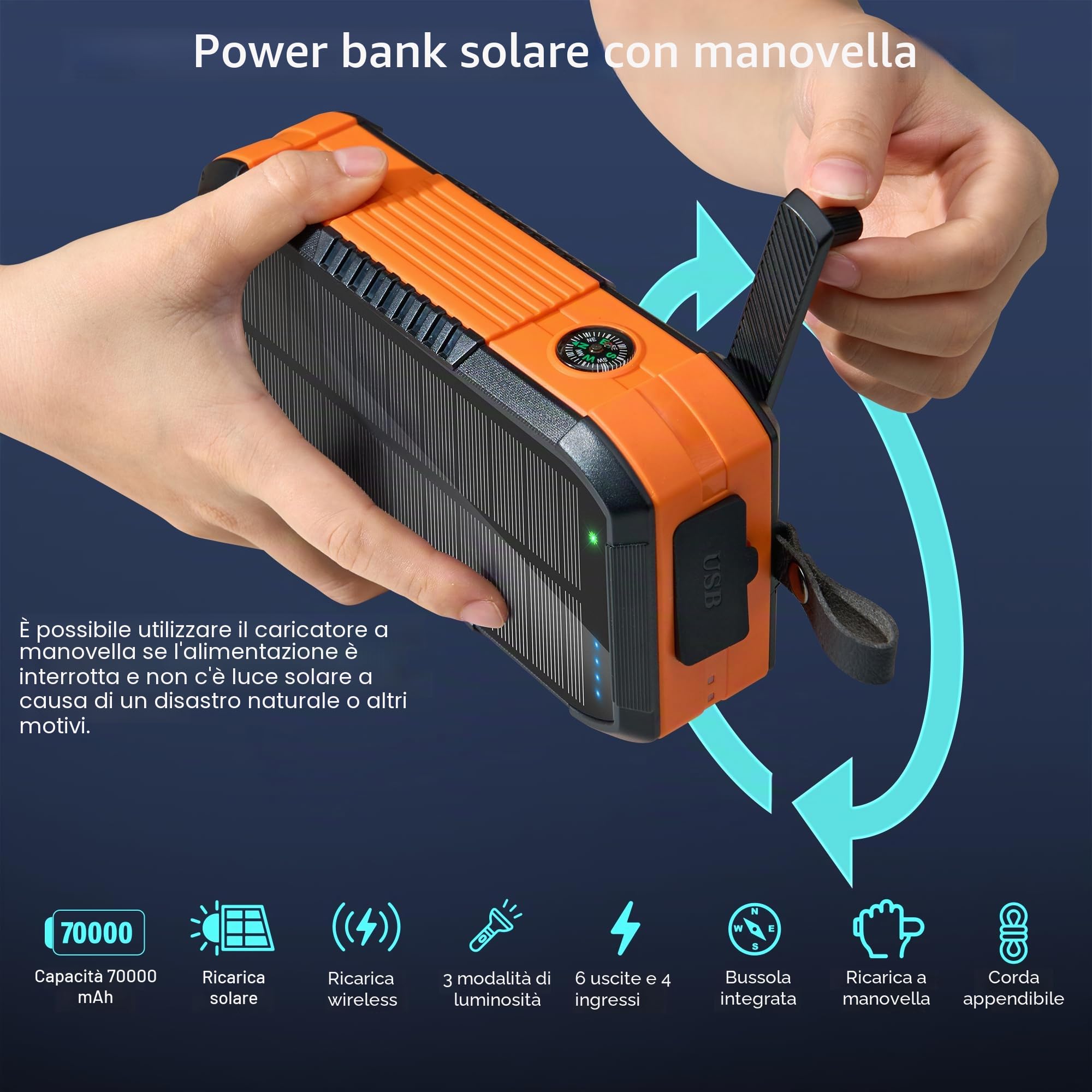 70000mAh Power Bank Solare con Ricarica Wireless 30W PD Batteria Esterna Portatile con 6 Uscite,Torcia LED Bussola e Manovella di emergenza,Ideale per Campeggio e Attività Outdoor