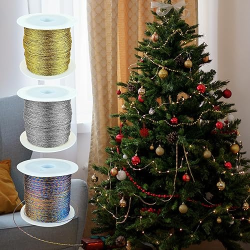 Miniatura 7 de Cordón metálico, hilo de cuentas, alambre de adorno, cordón para manualidades, cuerda de adorno, decoración colgante de Navidad (dorado, 164 pies)