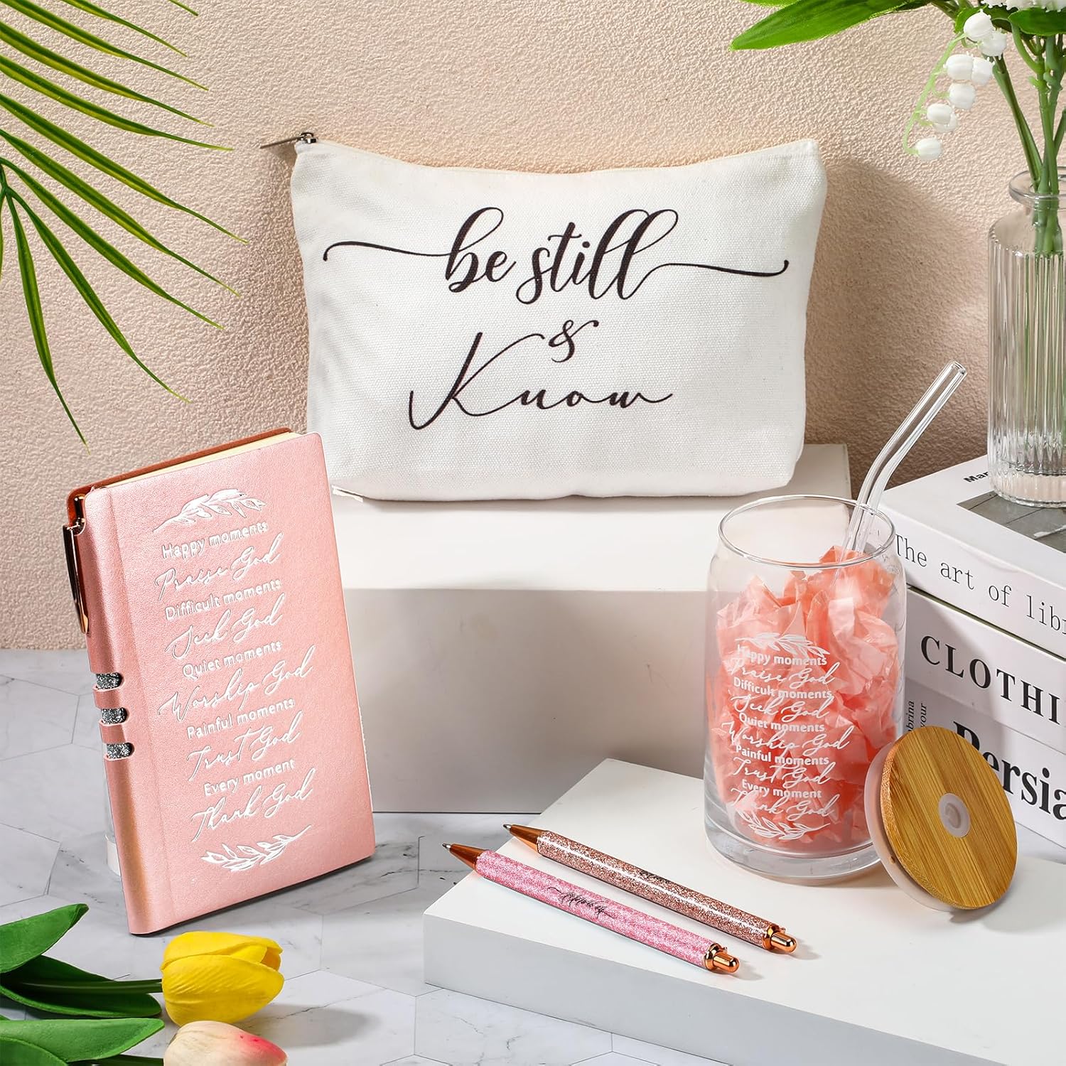 Spakon 6 Pcs Christian Gifts for Women Bible Verse A6 Leather Journal Notebook 16 oz Glass Cup Glitter Ballpoint Pen Makeup Bag Inspirational Gifts for Church Valentines(Rose Gold) - Image 4