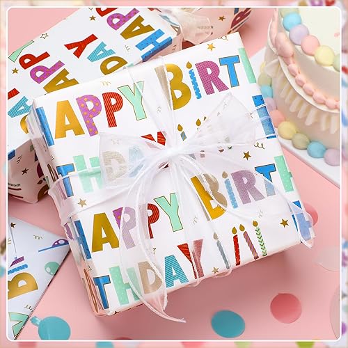 Miniatura 7 de woric Rollo de papel de regalo de cumpleaños de 17 pulgadas x 33 pies de papel de aluminio colorido con letras de feliz cumpleaños, papel de regalo