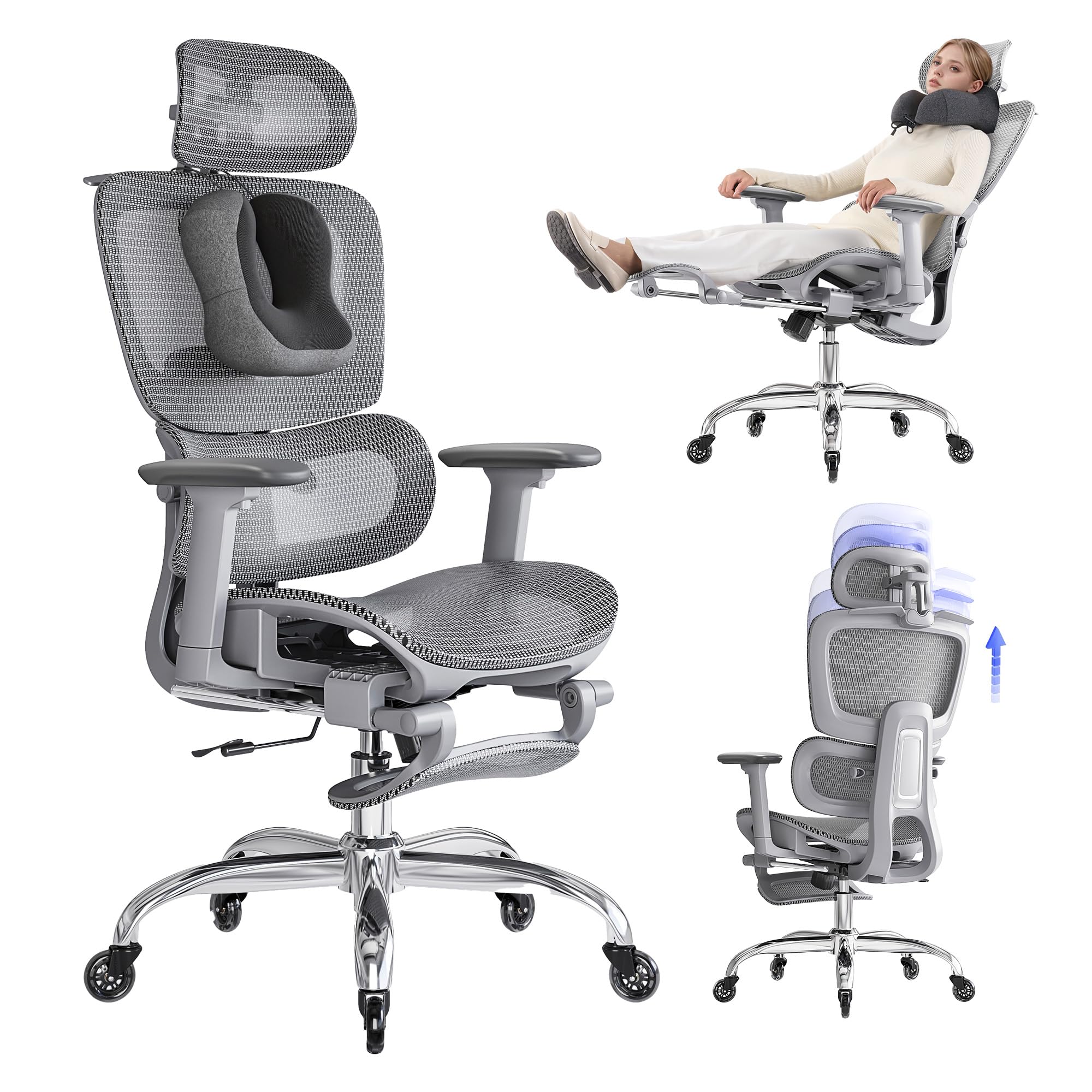 LarkLeaves Ergonomischer Bürostuhl mit Fußstütze & Nackenkissen, 5-Fach Höhenverstellbare Rückenlehne, 2D Lordosenstütze, 3D Armlehnen/Kopfstütze, 145° Neigefunktion, Mesh-Sitz, Gummirollen, Grau