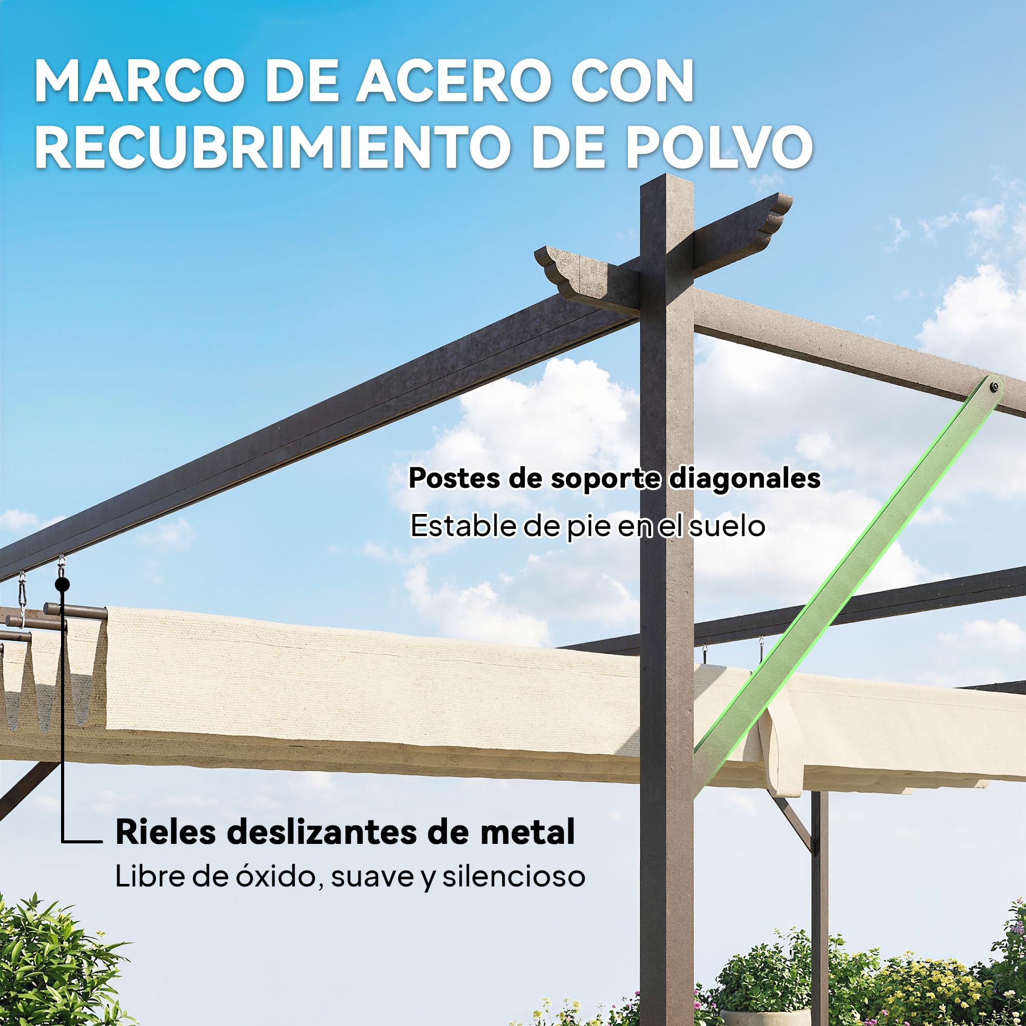 Outsunny Pérgola de Pared de Jardín 3x3 m, Cenador de Jardín con Techo Retráctil, Protección UPF30+, Orificios de Drenaje y Estructura Metálica, Pabellón para Patio, Terraza, Exterior, Blanco Crema - 5