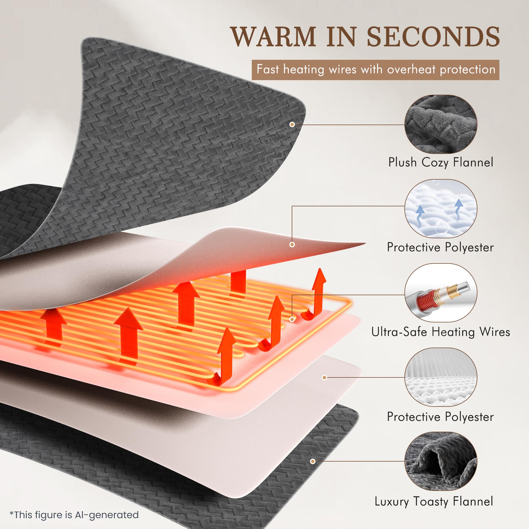 Manta Eléctrica Térmica de Franela con Patrón de Olas 130*180cm, Manta Eléctrica Grande con 6 Niveles de Calor y Apagado Automático 1-10H, Calefactora Lavable a Máquina para Sofá Cama Oficina (Gris)