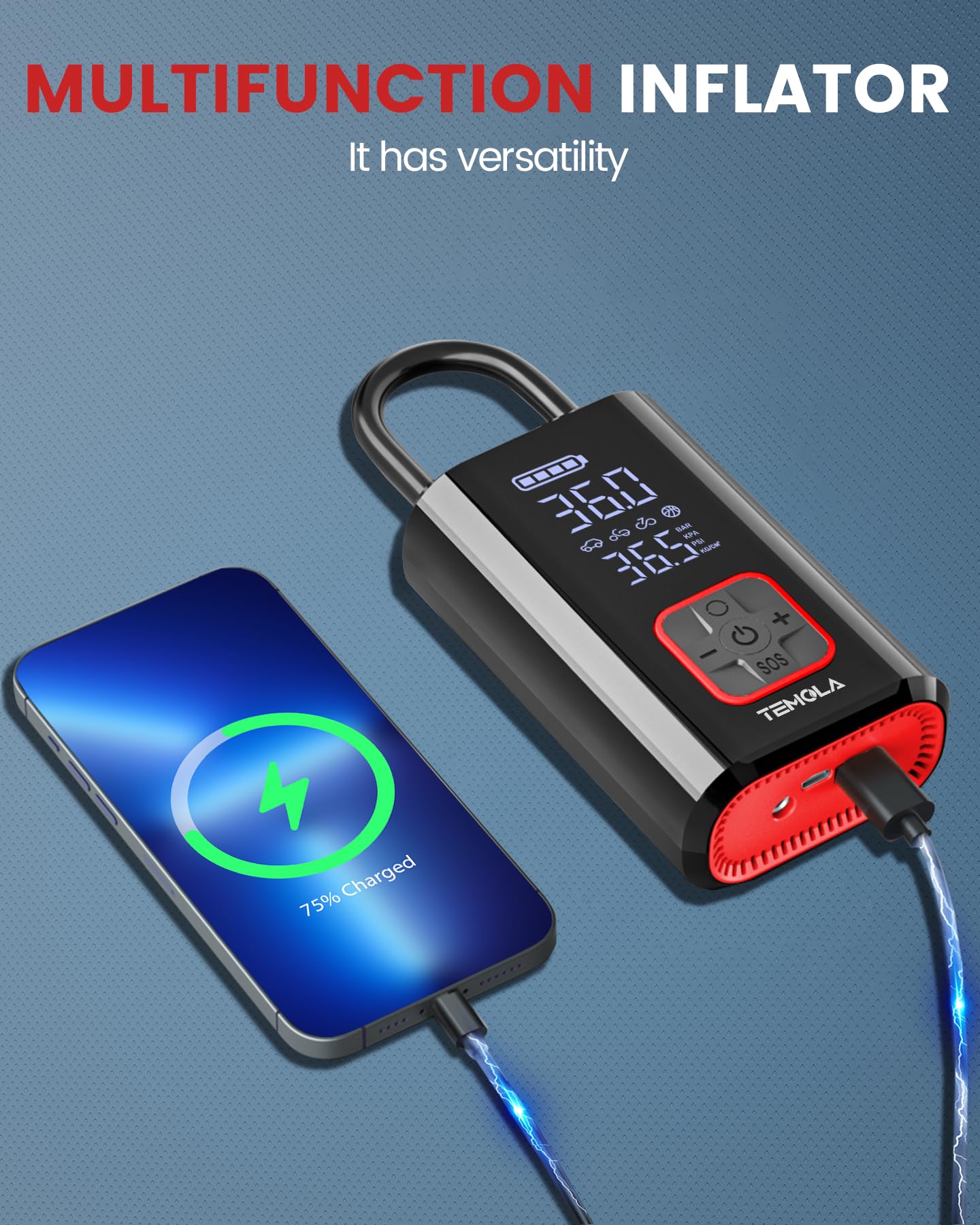 Compressore Aria Portatile TEMOLA Per Auto - Senza Fili, Con Luce LED - Foto 5