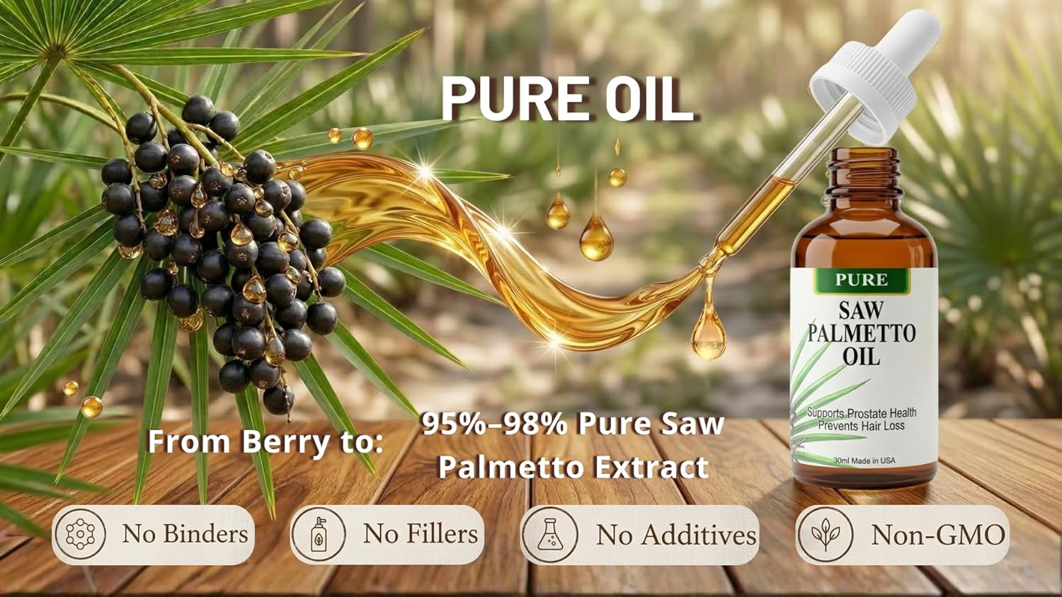 Pure Saw Palmetto Oil – 95-98% Concentrated Organic Extract – Liquid Saw Palmetto for Men & Women – Alternative to Capsules & Powder – 2 Fl Oz