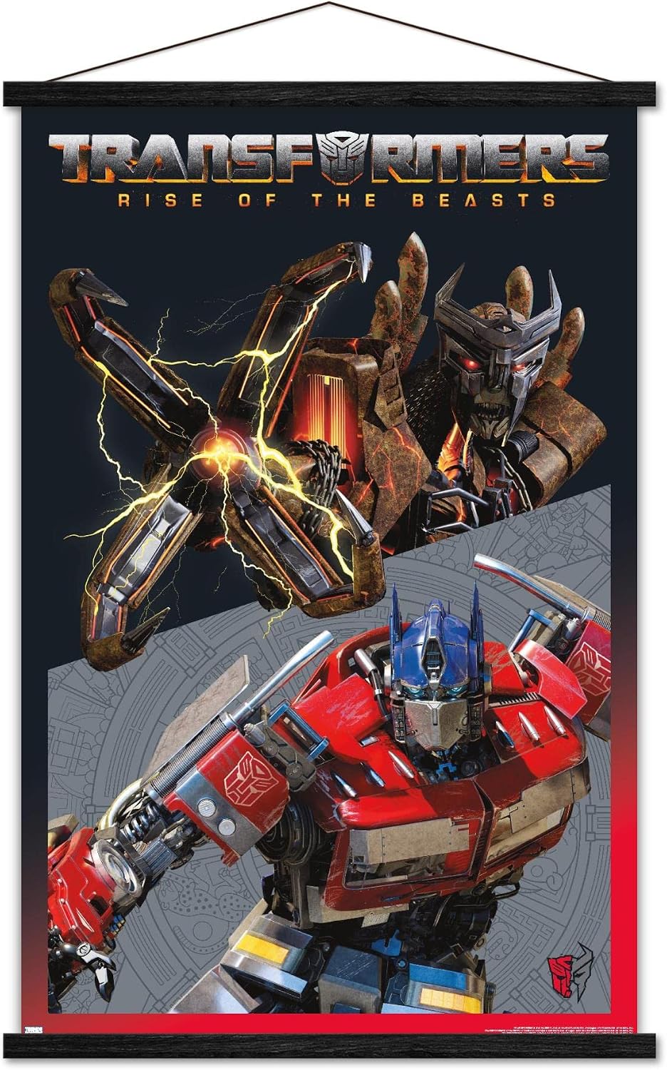 Trends International Hasbro Transformers: Rise of the Beasts - Optimus Prime vs. Scourge Wall Poster, 22.37" x 34.00", Premium Print and Beechwood Hanger Bundle