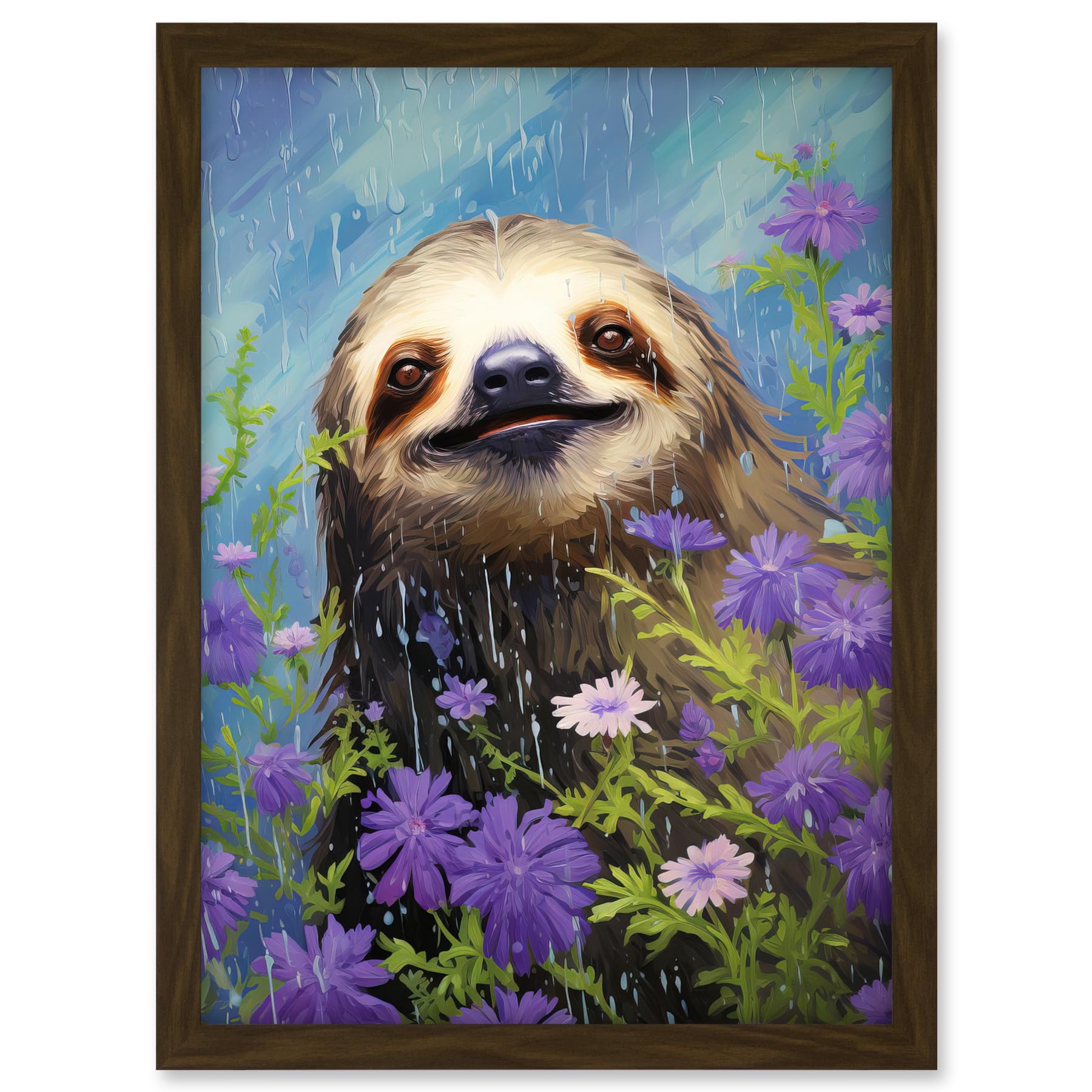 Artery8 Carefree Sloth in a Field of Lavender Daisies Oil Painting Enjoying the Spring Rain Kids Bedroom Artwork Framed A3 Wall Art Print