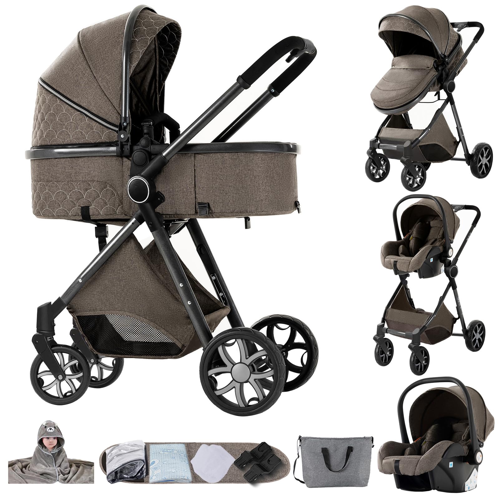 Carrito Bebe 3 en 1, Carrito Bebe con Diseño Portátil Plegable de Un Clic, Carro 3 Piezas Empuje Reversible de Dos Vías, Cochecito Tres Piezas con Accesorios (YV9 Chocolate)