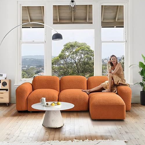 Miniatura 9 de Sofá modular convertible naranja sofá biplaza con otomana moderno minimalista en forma de L para sala de estar sofá suelo sofá de 3 plazas tela de