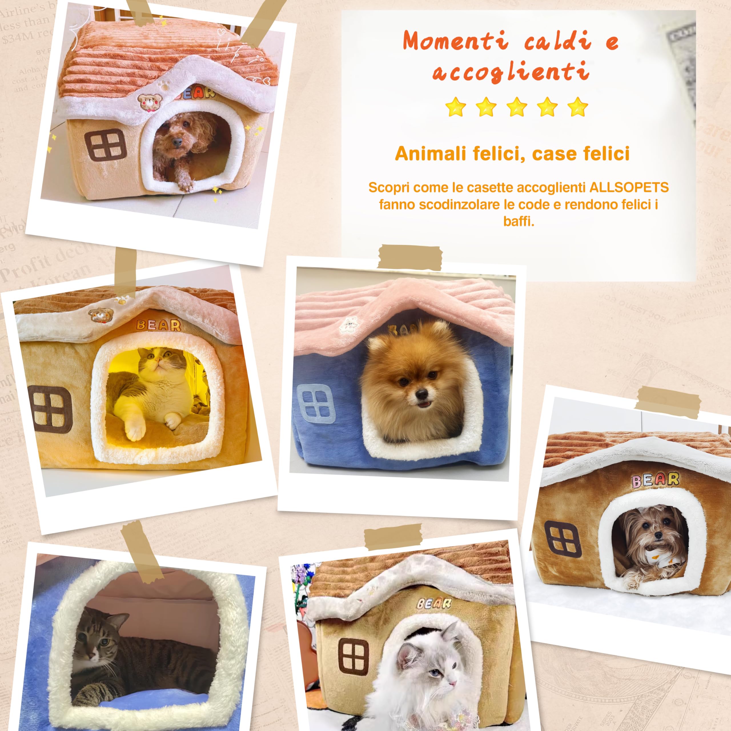 ALLSOPETS Cuccia per Gatti da Interno e Casa Pieghevole per Cani, Cuccia Calda Invernale con Cuscino Rimovibile e Fondo Antiscivolo per Cuccioli e Gattini (Blu, M)
